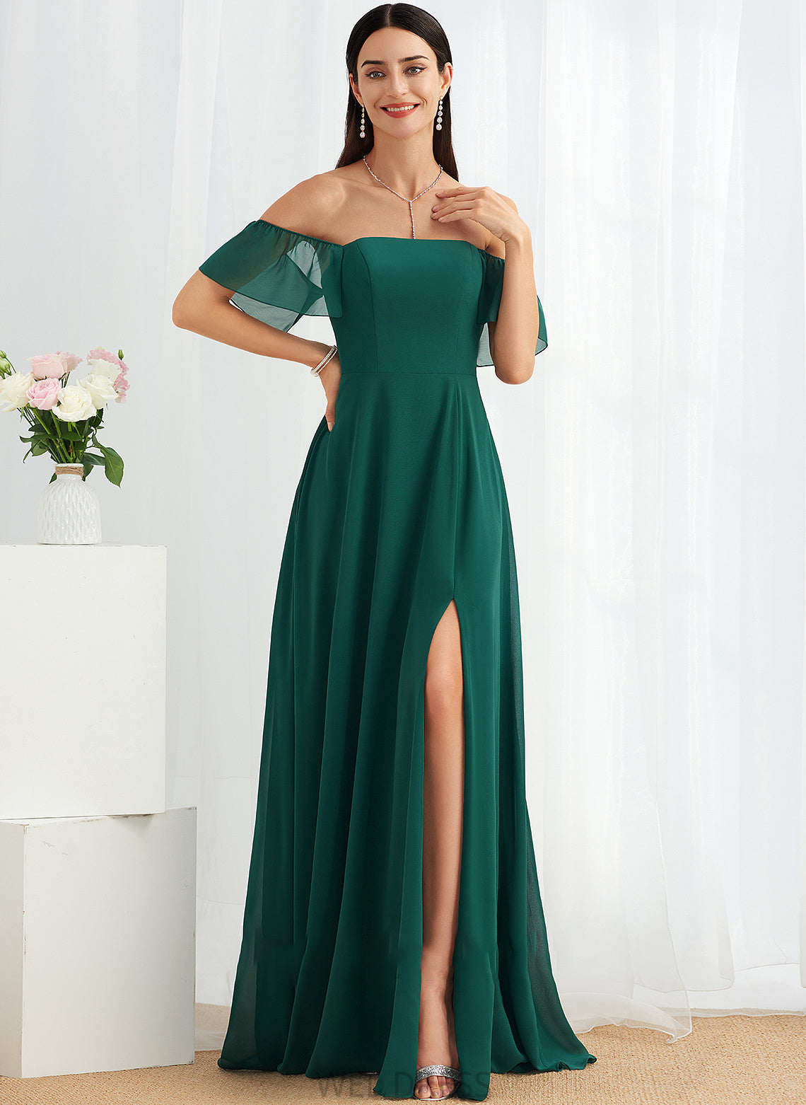 Neckline Off-the-Shoulder Floor-Length Fabric Silhouette Length Embellishment A-Line SplitFront Makena Sleeveless A-Line/Princess