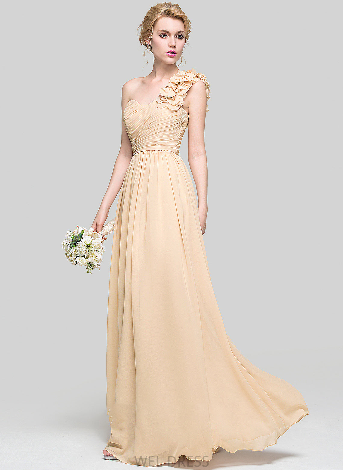 With Chiffon A-Line Floor-Length Prom Dresses Flower(s) Sydney Ruffle One-Shoulder