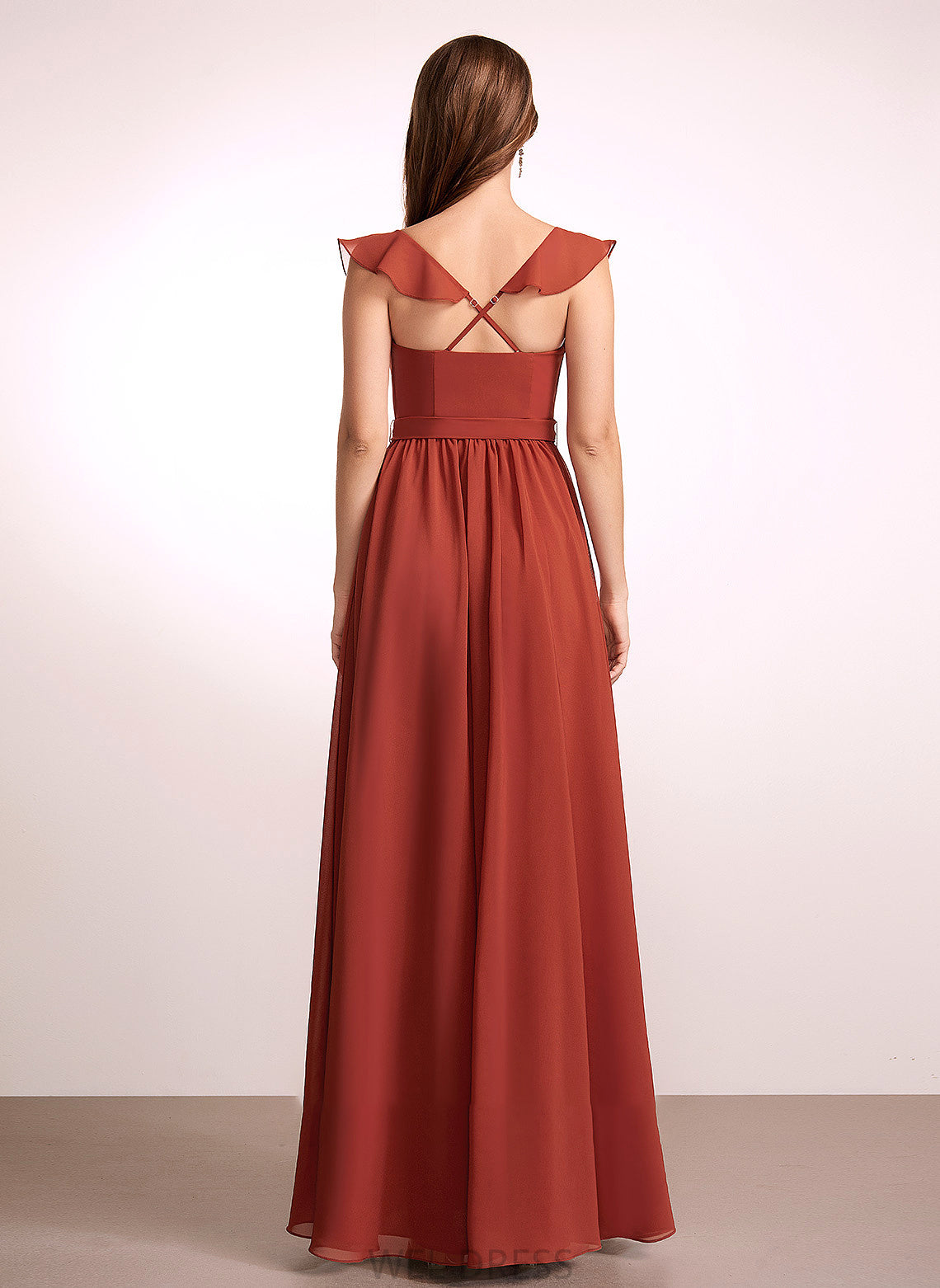 A-Line Ruffle Length Neckline Floor-Length Silhouette Embellishment V-neck Fabric Maleah Natural Waist A-Line/Princess