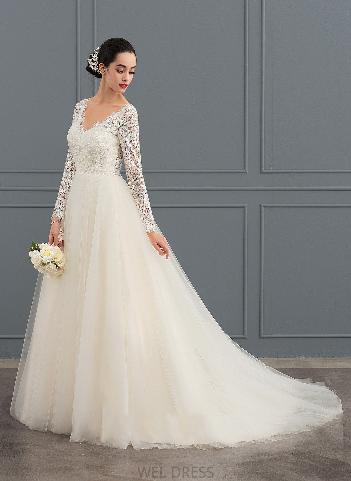 Ball-Gown/Princess Train Court Amari Tulle Wedding Dresses Dress Lace V-neck Wedding