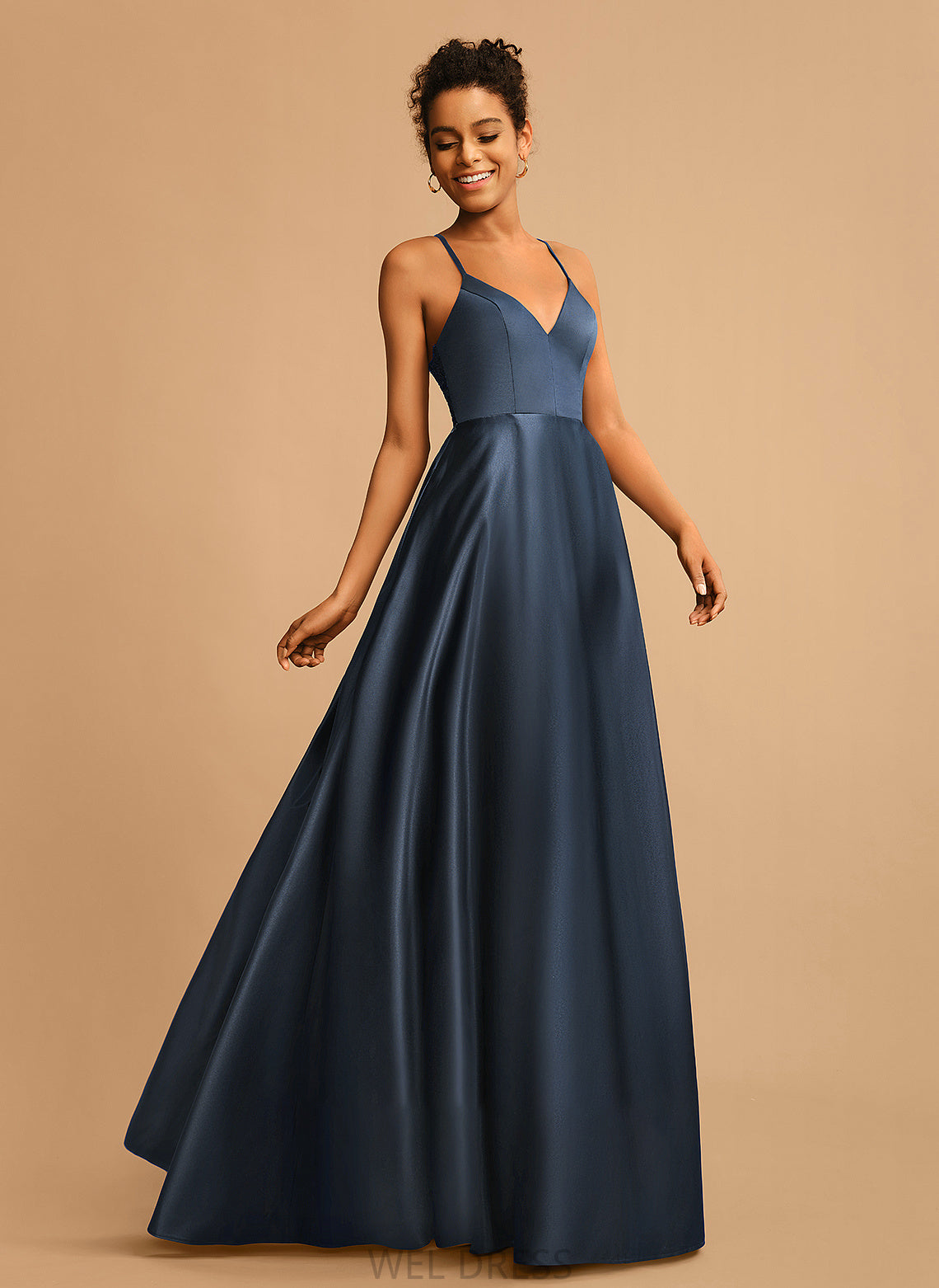 A-Line Floor-Length Abbigail Satin Prom Dresses V-neck