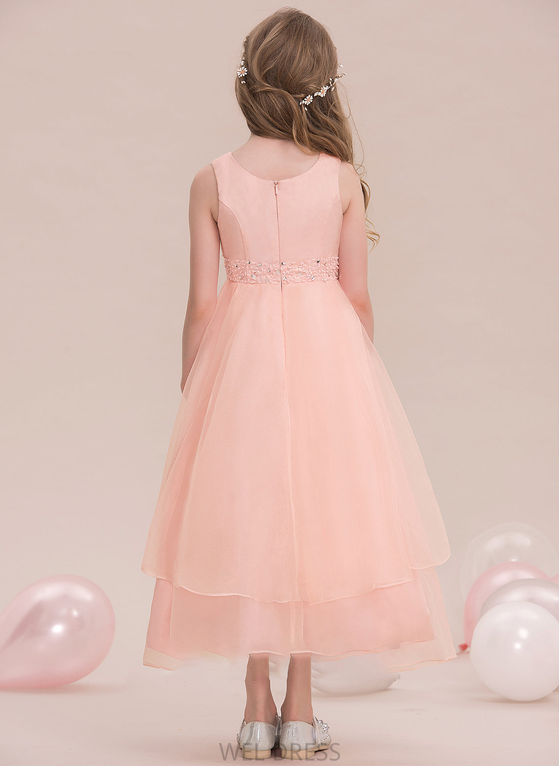 A-Line Organza With Scoop Beading Ankle-Length Junior Bridesmaid Dresses Jenna Neck Sequins
