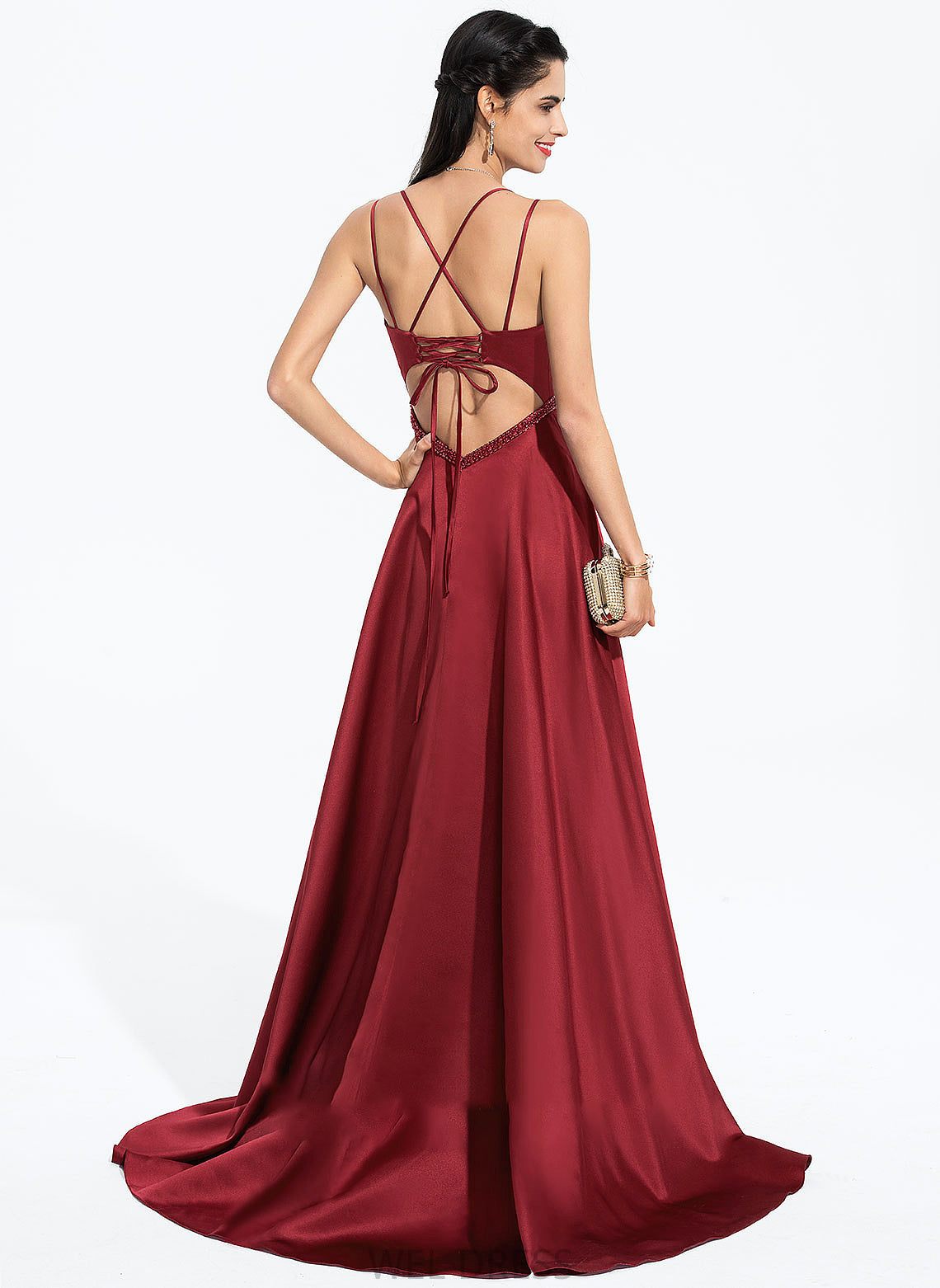 Olivia Front Prom Dresses Satin Split V-neck A-Line Train Sequins With Sweep Beading