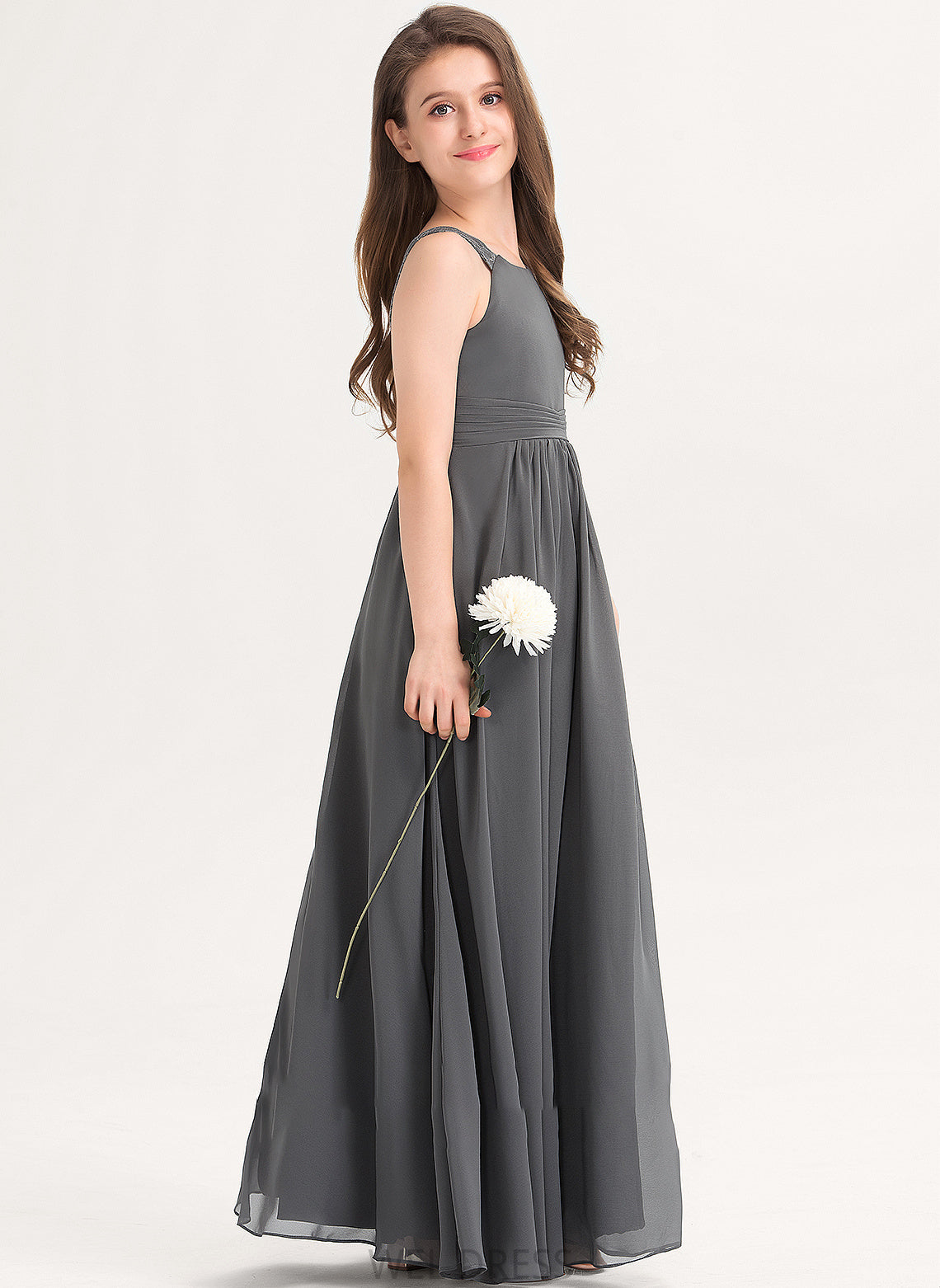 Junior Bridesmaid Dresses Selina Ruffle Floor-Length A-Line Scoop Lace Chiffon Neck With