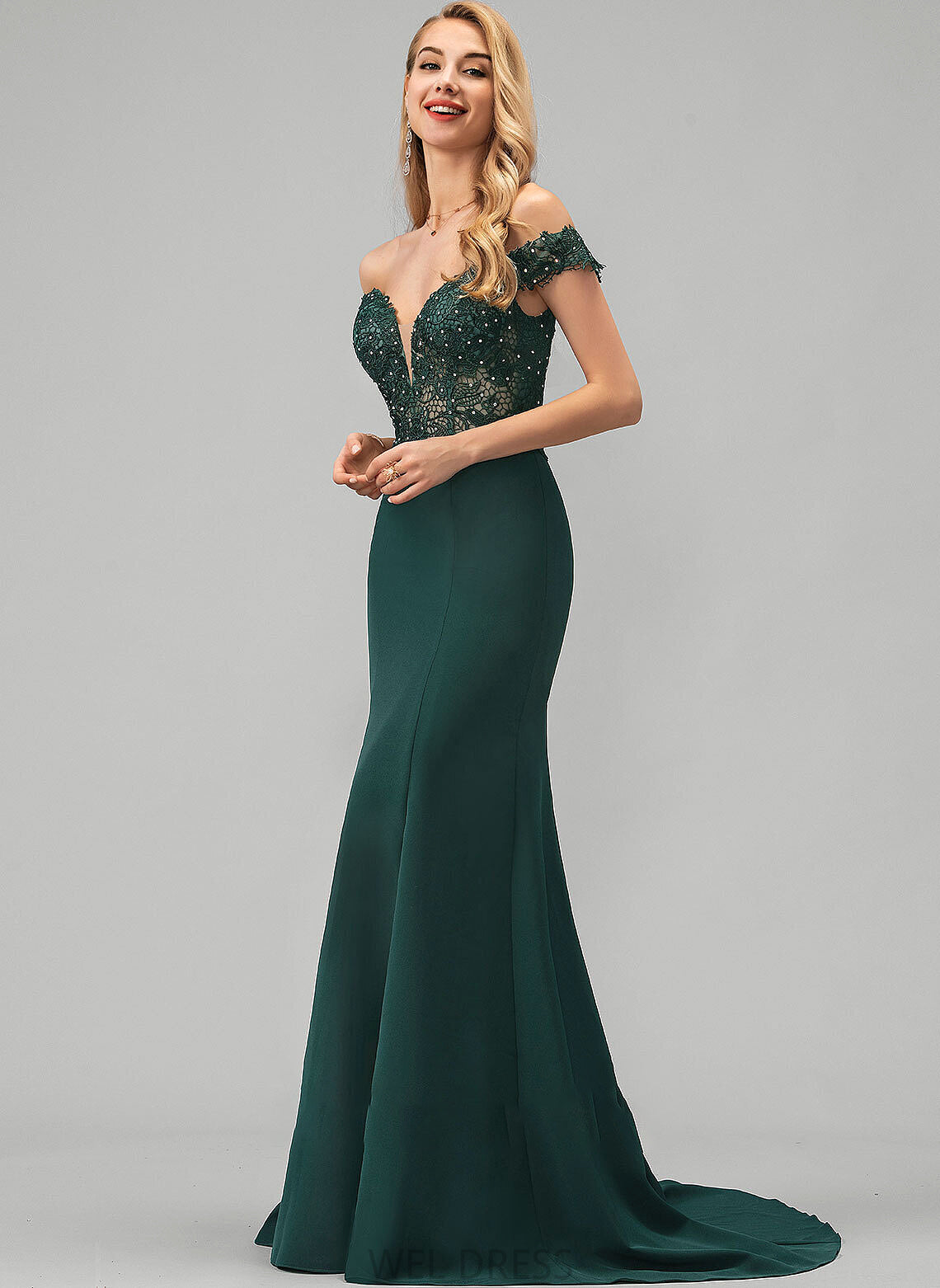 Prom Dresses Trumpet/Mermaid Sequins With Sweep Crepe Lace Off-the-Shoulder Stretch Train Juliette Beading
