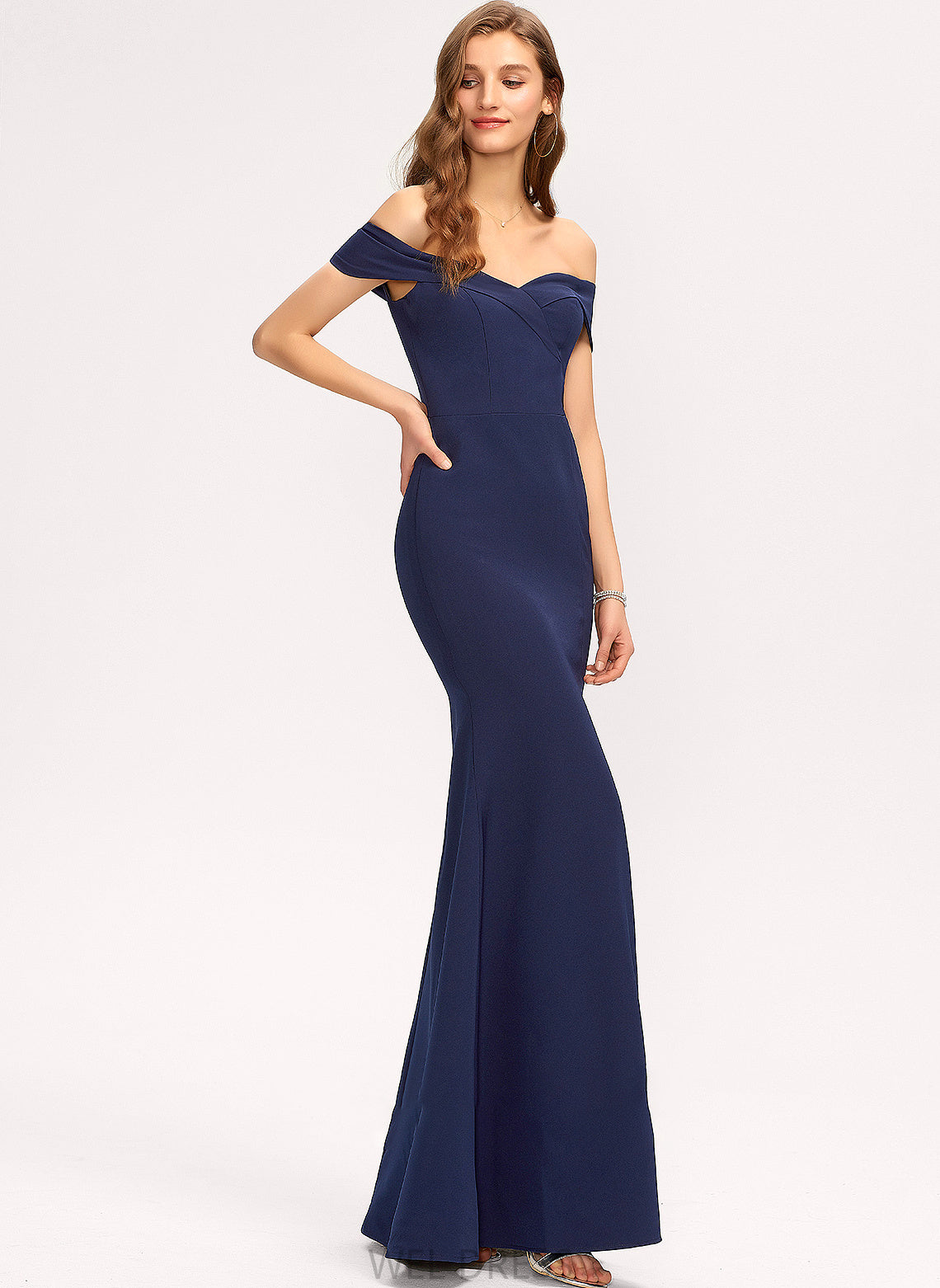 Neckline Trumpet/Mermaid Length Silhouette Floor-Length Off-the-Shoulder Fabric Embellishment SplitFront Selena Floor Length Short Sleeves