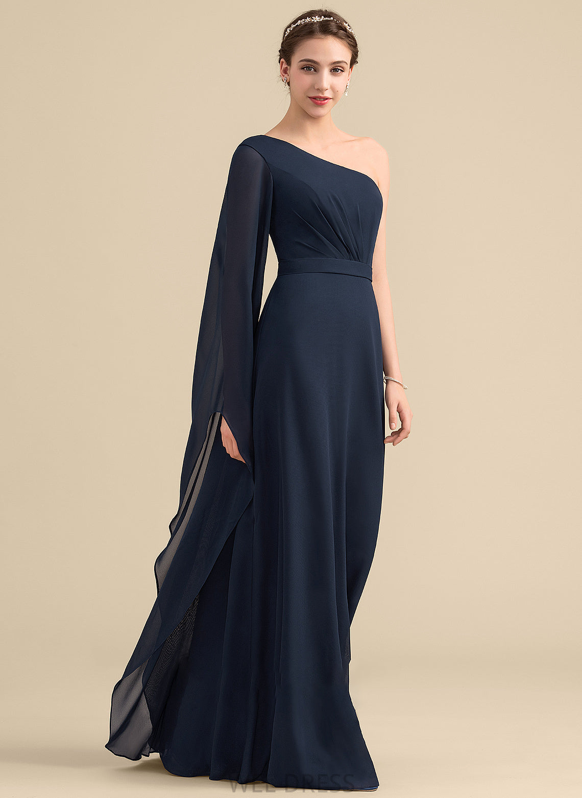 One-Shoulder Floor-Length Neckline Ruffle Fabric Length A-Line Silhouette Embellishment Arianna A-Line/Princess Sleeveless