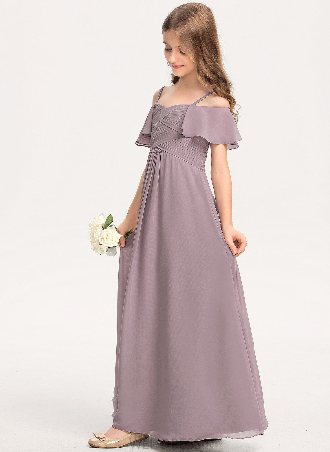 A-Line Junior Bridesmaid Dresses Floor-Length Ruffle With Chiffon Off-the-Shoulder Campbell