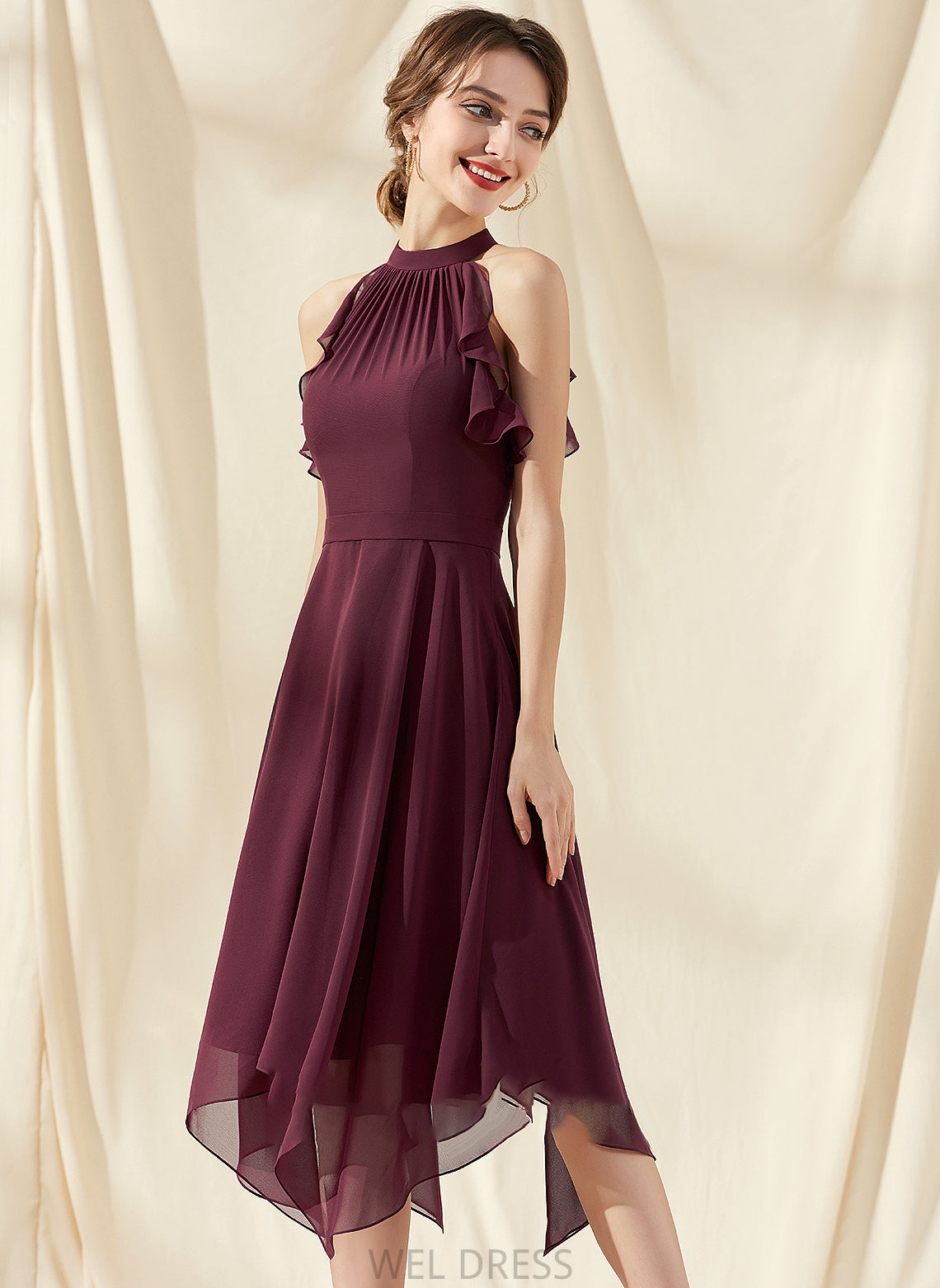 Silhouette Length Neckline CascadingRuffles ScoopNeck Fabric Tea-Length Embellishment A-Line Camila Natural Waist Floor Length