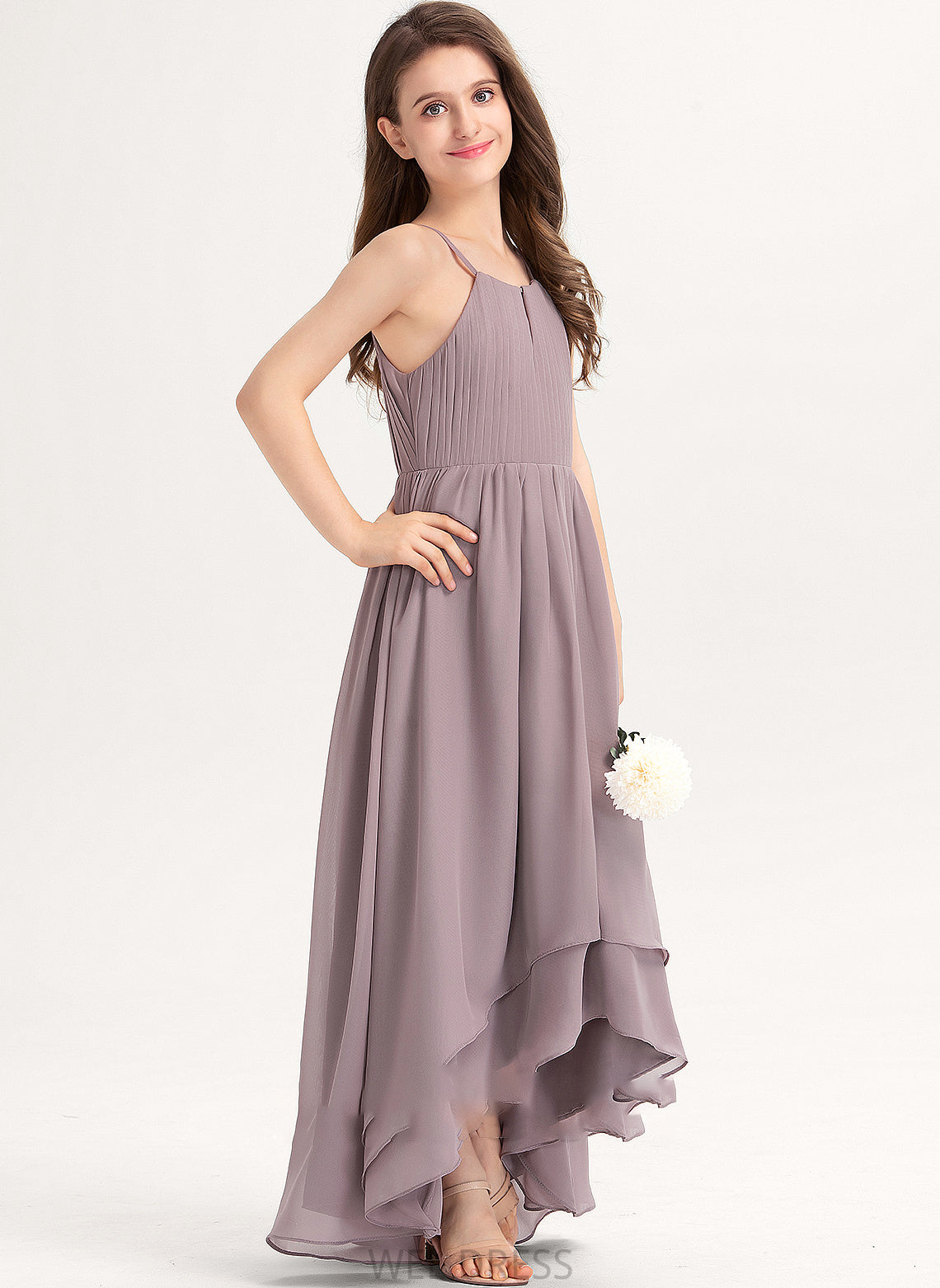 A-Line Patricia Asymmetrical Chiffon Scoop With Bow(s) Junior Bridesmaid Dresses Ruffle Neck