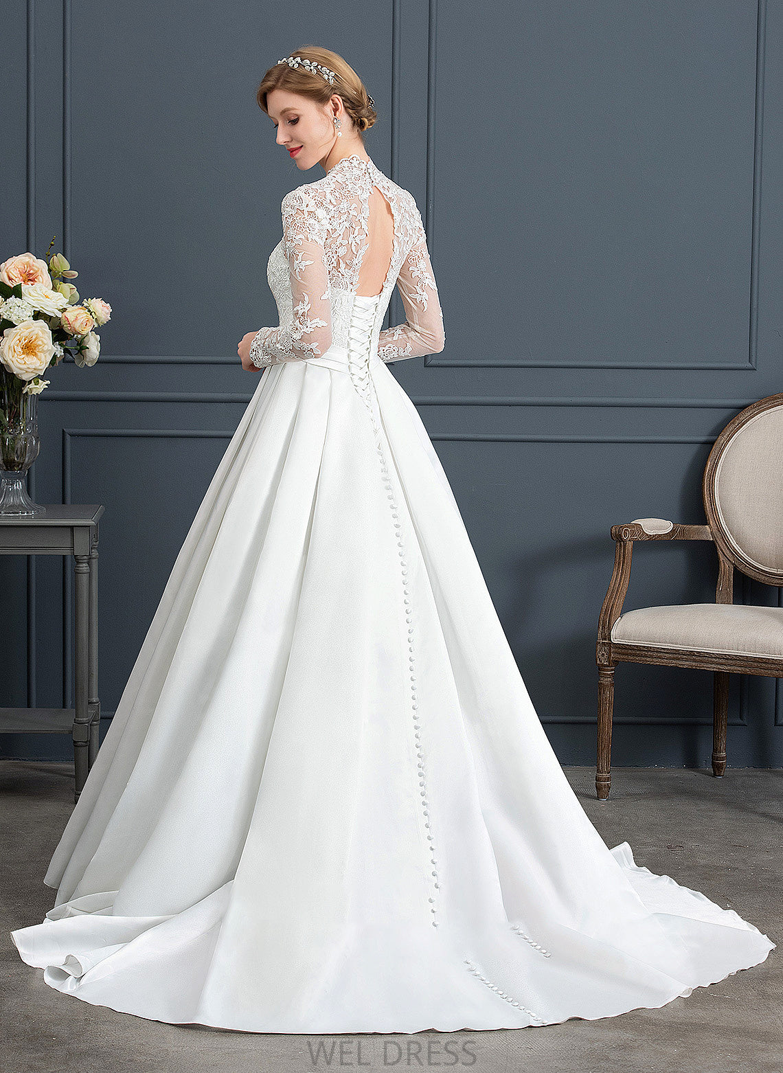 Ball-Gown/Princess Bow(s) Wedding Satin Train Dress Wedding Dresses Court Abbey V-neck With