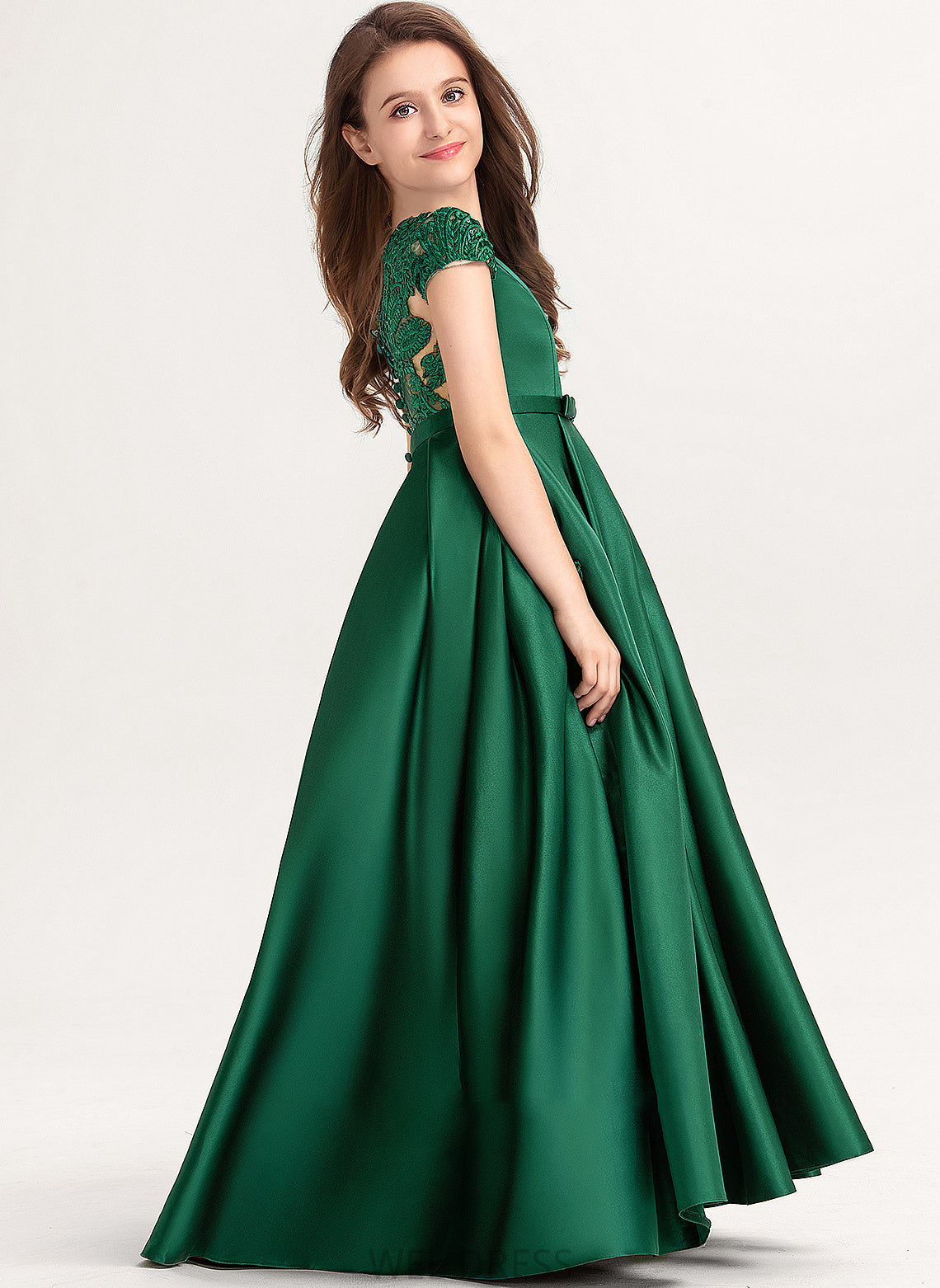 Scoop Ball-Gown/Princess Junior Bridesmaid Dresses Pockets Lace Satin Floor-Length With Neck Bow(s) Jamya