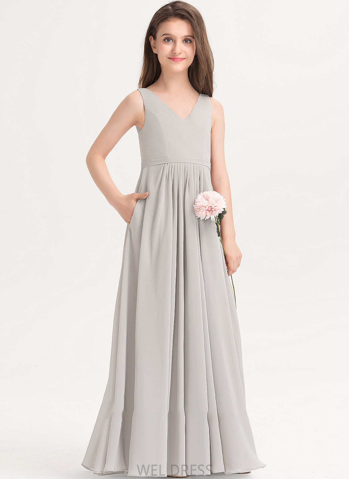 V-neck A-Line Julia Pockets With Floor-Length Chiffon Junior Bridesmaid Dresses