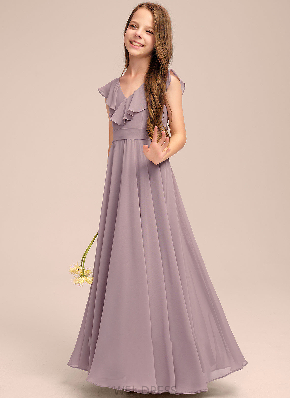 A-Line V-neck Ruffles Cascading Charlee Floor-Length With Junior Bridesmaid Dresses Chiffon