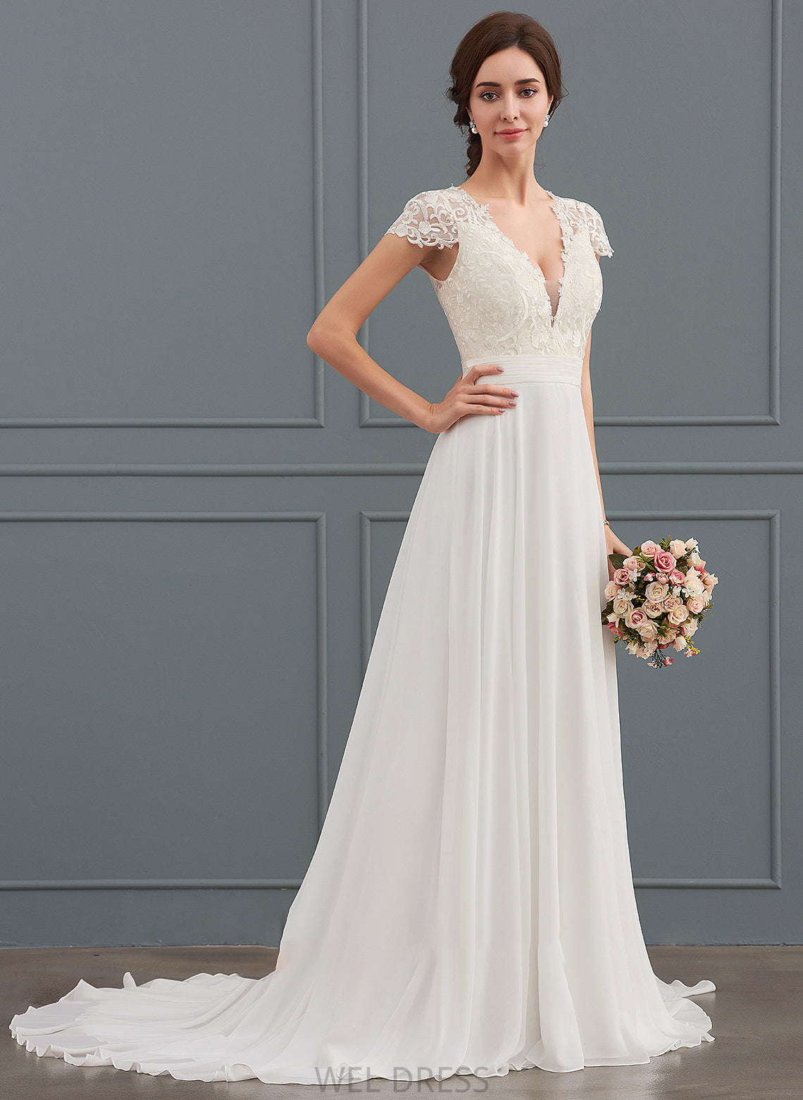 Chiffon V-neck Hope Ruffle Sweep With Wedding Dress Train A-Line Wedding Dresses