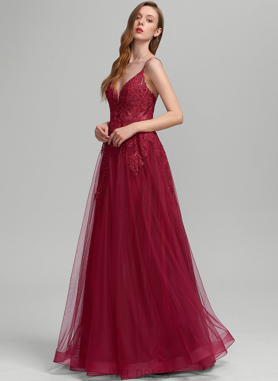 Beading Prom Dresses Ball-Gown/Princess Floor-Length Sequins With V-neck Tulle Ashlyn