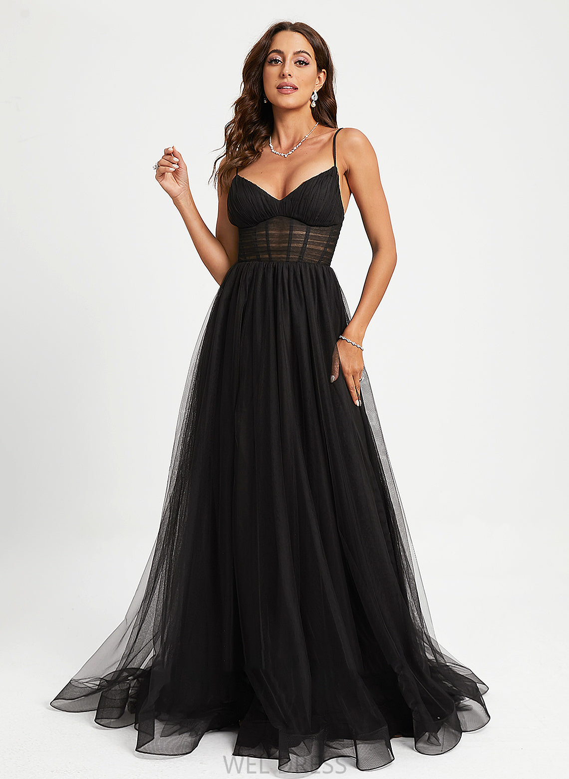 Ball-Gown/Princess Sweep V-neck With Addison Prom Dresses Tulle Train Pleated
