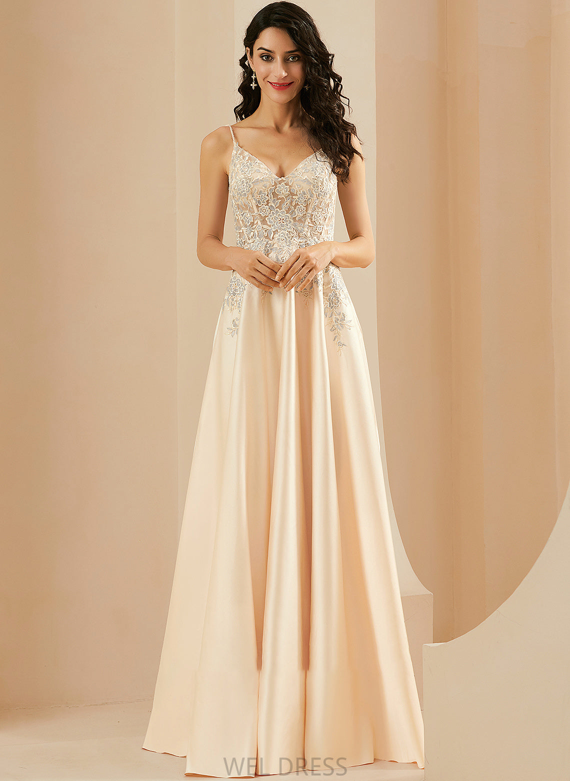 With Floor-Length A-Line Prom Dresses V-neck Lace Satin Madalynn