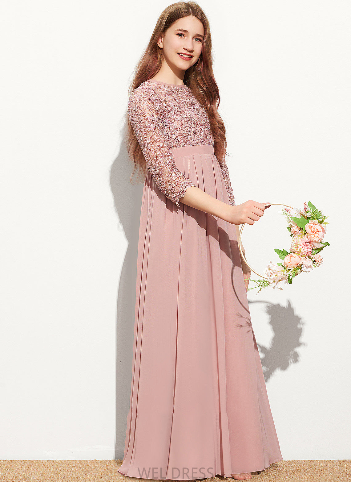 Sarahi Floor-Length Junior Bridesmaid Dresses Lace Scoop Neck A-Line Chiffon