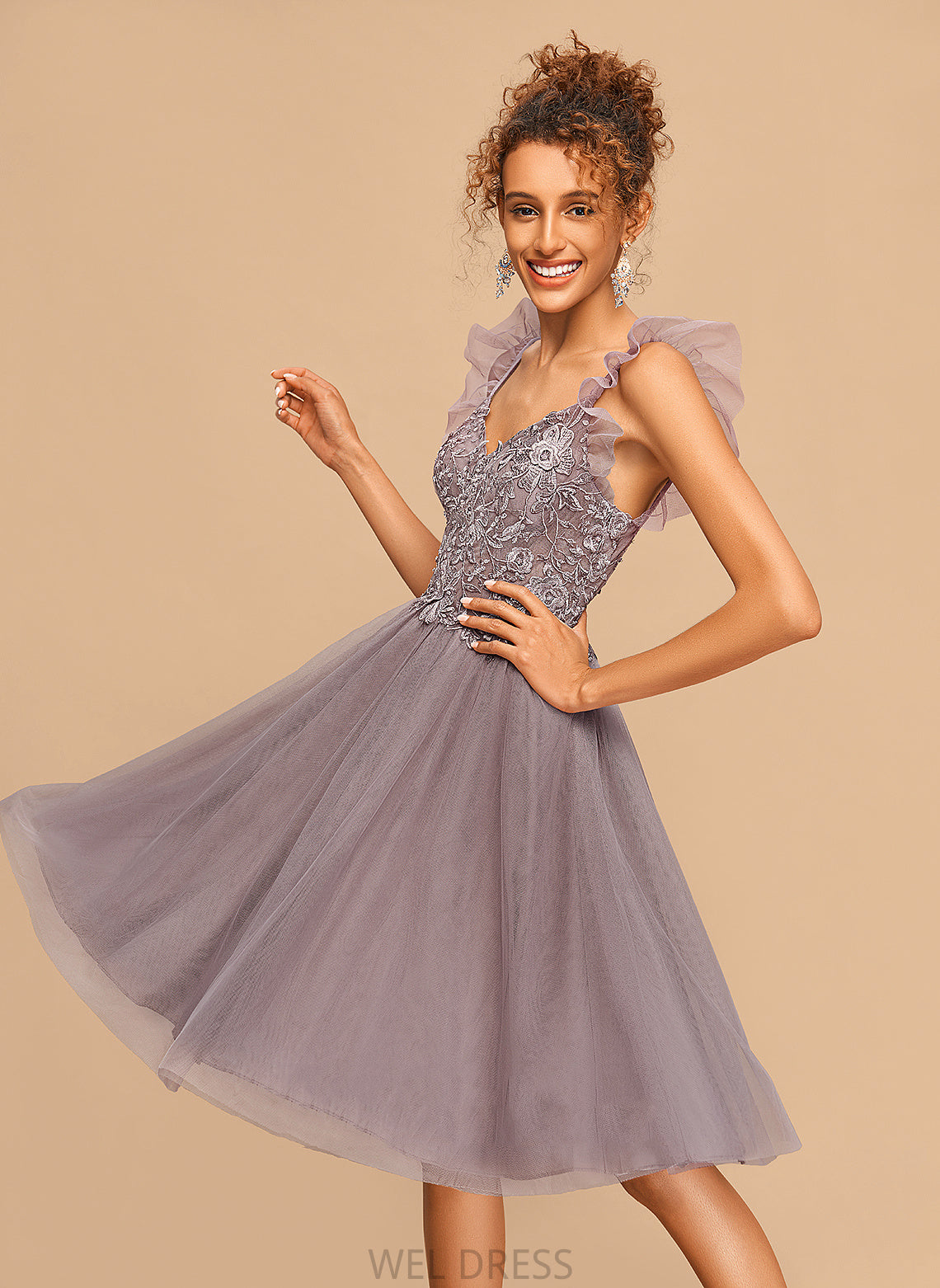 V-neck A-Line With Knee-Length Cascading Beatrice Tulle Dress Ruffles Homecoming Dresses Homecoming Lace