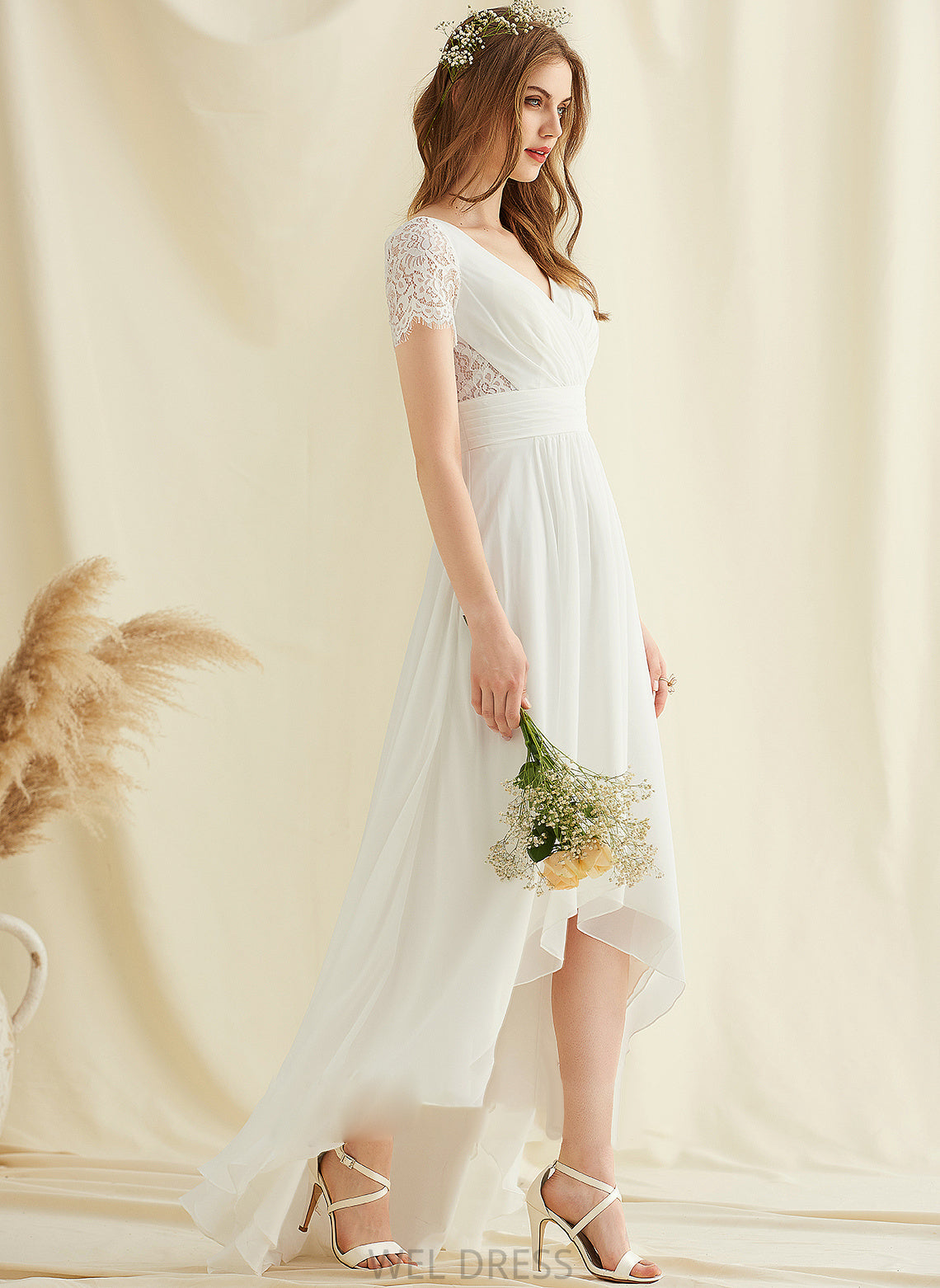 Chiffon Dress V-neck Lace A-Line Asymmetrical Kaylie Wedding Dresses Wedding