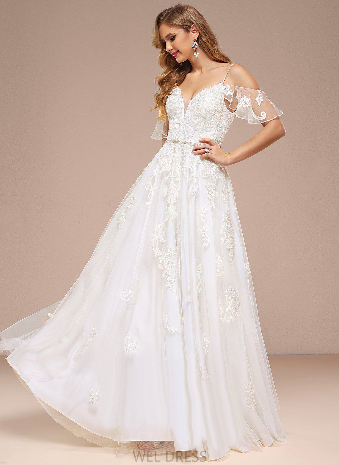 Wedding Beading Anya Lace Floor-Length Sequins Wedding Dresses Shoulder Tulle Cold Dress With A-Line