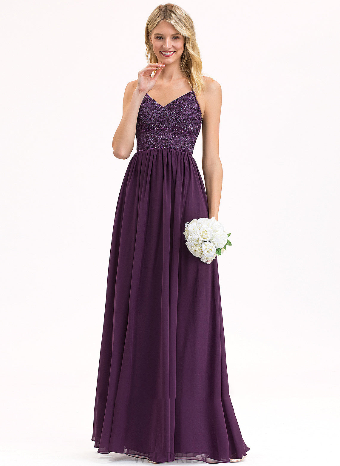 Sequins V-neck With Beading Prom Dresses Floor-Length Miley Chiffon Lace A-Line