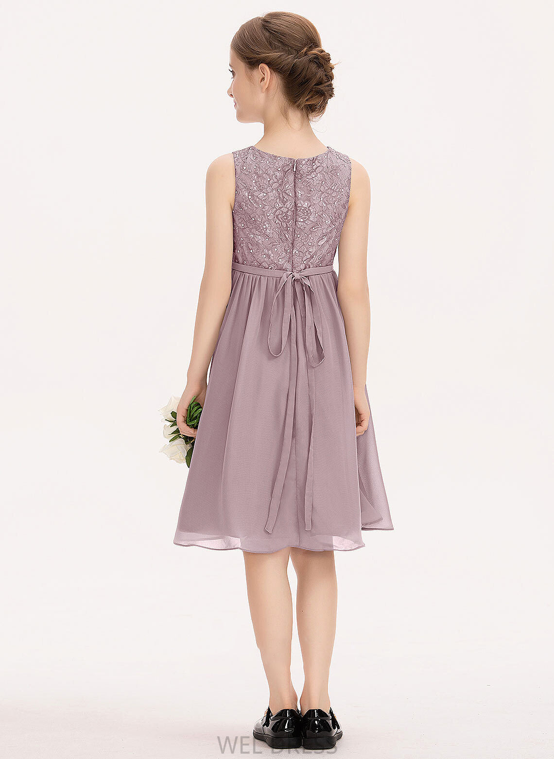 Knee-Length Bow(s) Ashtyn Chiffon Lace With A-Line Scoop Neck Junior Bridesmaid Dresses Beading