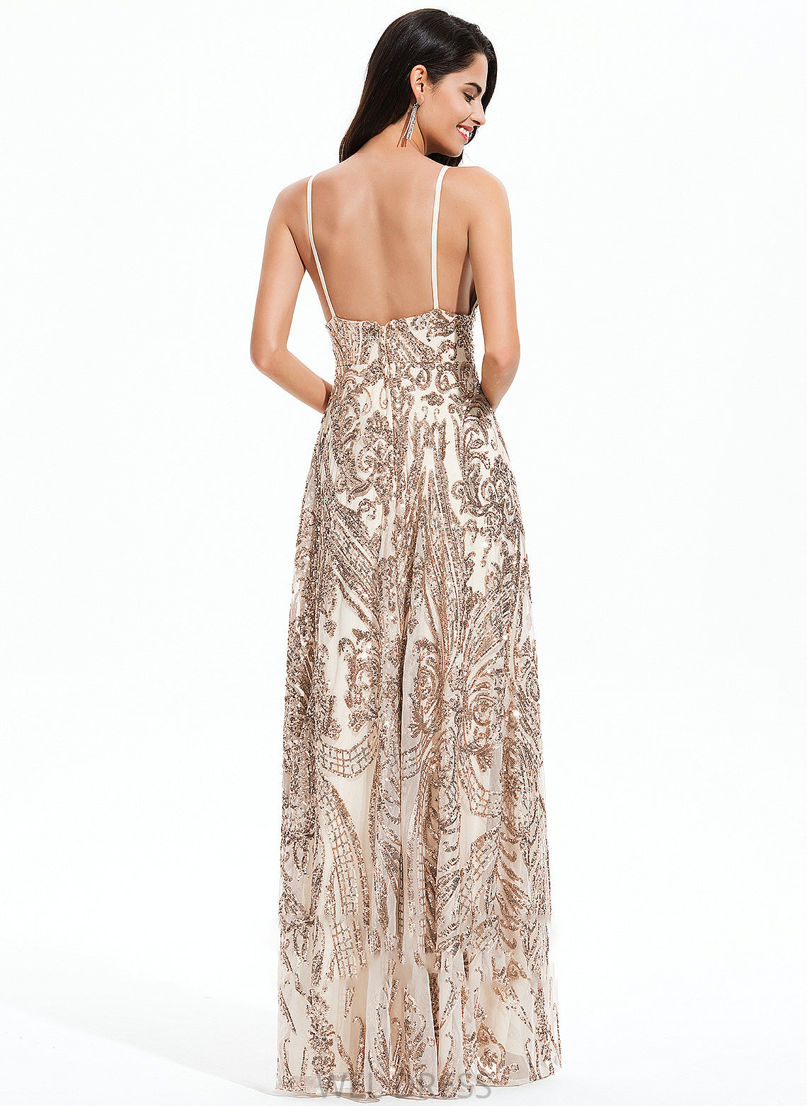 Floor-Length Carley Split V-neck Sequins Sequined Front Prom Dresses A-Line With