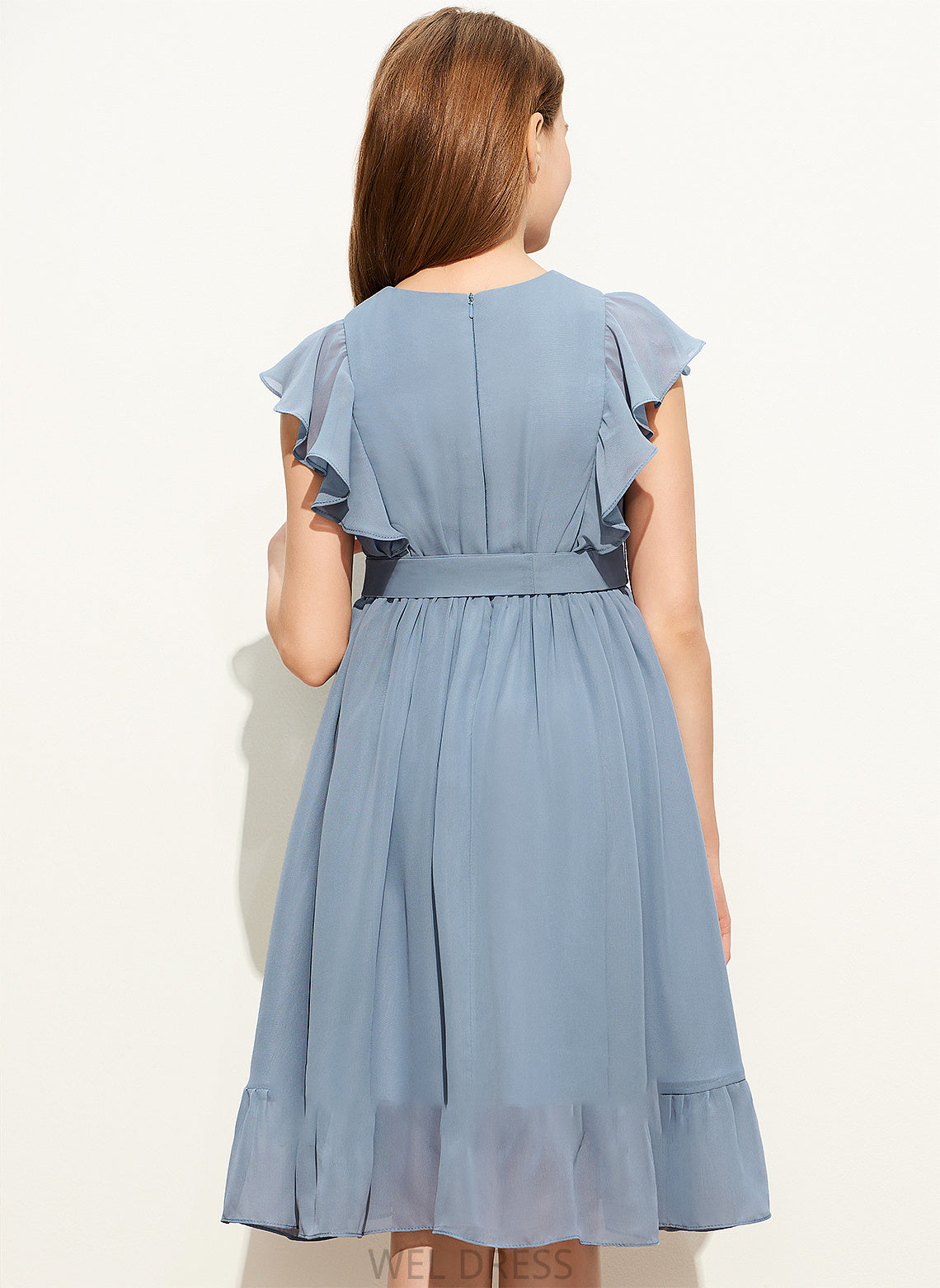 A-Line Carley Knee-Length Scoop Bow(s) Junior Bridesmaid Dresses With Chiffon Cascading Ruffles Neck