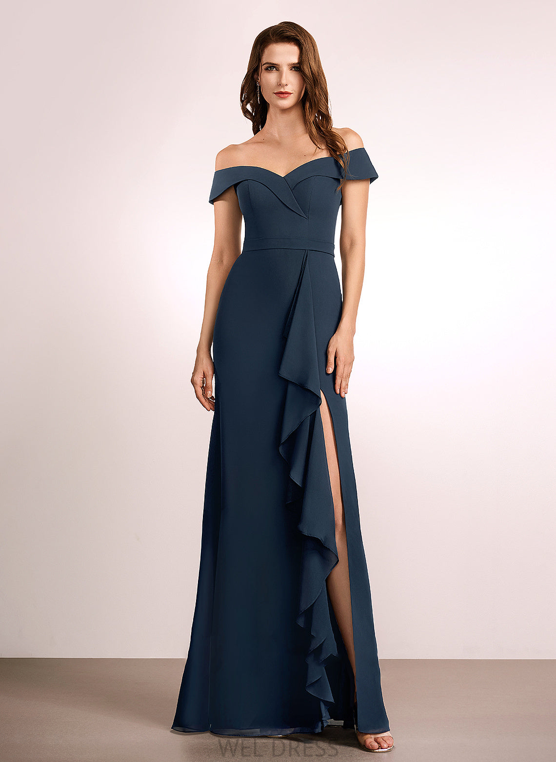 Neckline Length Off-the-Shoulder Fabric Floor-Length Embellishment A-Line Silhouette Ruffle Lillian Scoop A-Line/Princess