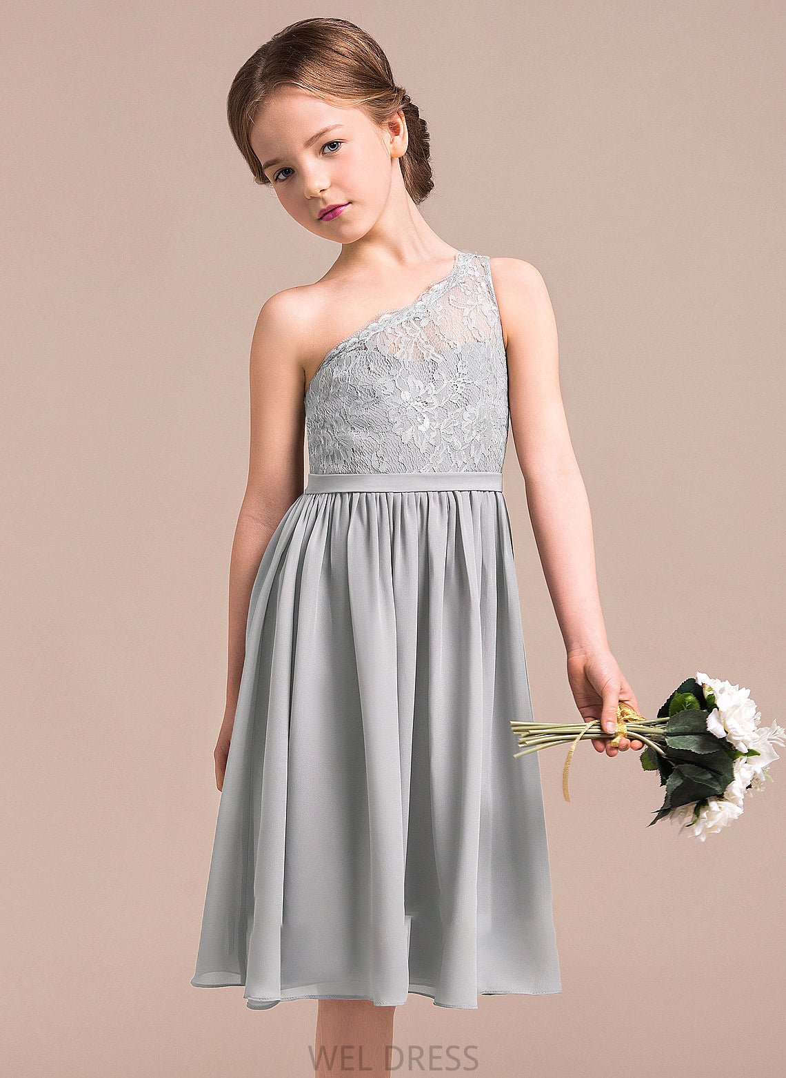Lace One-Shoulder Junior Bridesmaid Dresses A-Line Knee-Length Chiffon Abbigail