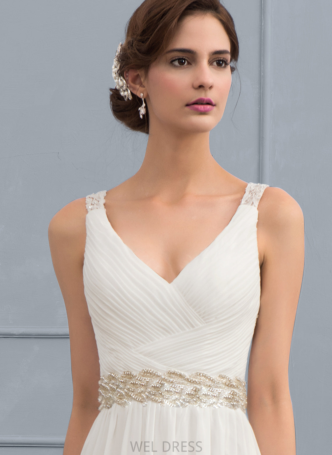 Amelie Chiffon A-Line With Wedding Dresses V-neck Ruffle Wedding Lace Sweep Sequins Train Beading Dress