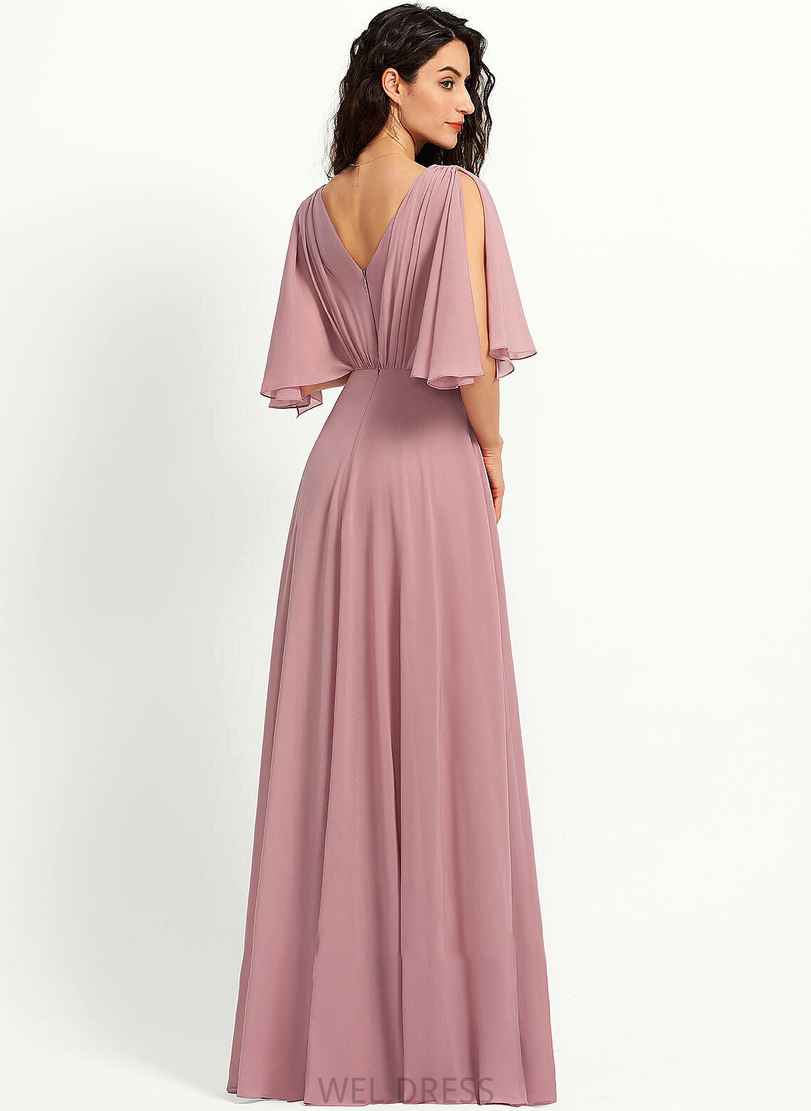 Floor-Length A-Line Fabric V-neck Ruffle Length Silhouette Embellishment Neckline Renee A-Line/Princess Natural Waist