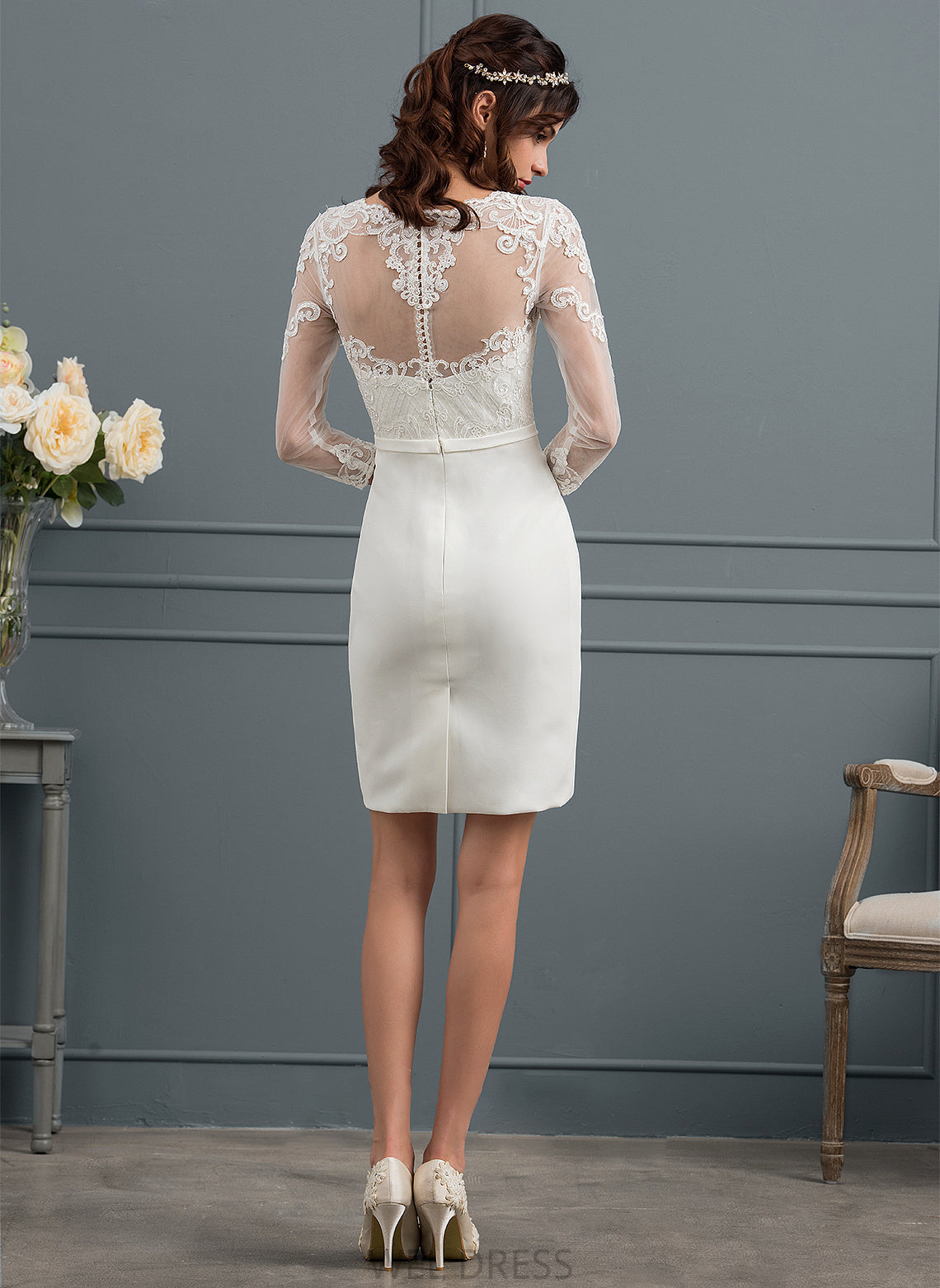 Illusion Bow(s) Sequins Dress Stretch Sheath/Column Wedding Dresses Crepe Wedding Hope Knee-Length With