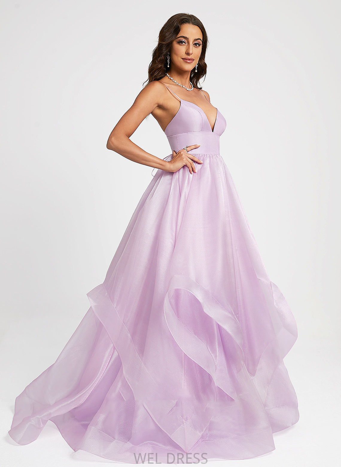 Ball-Gown/Princess V-neck Train Prom Dresses Violet Organza Sweep
