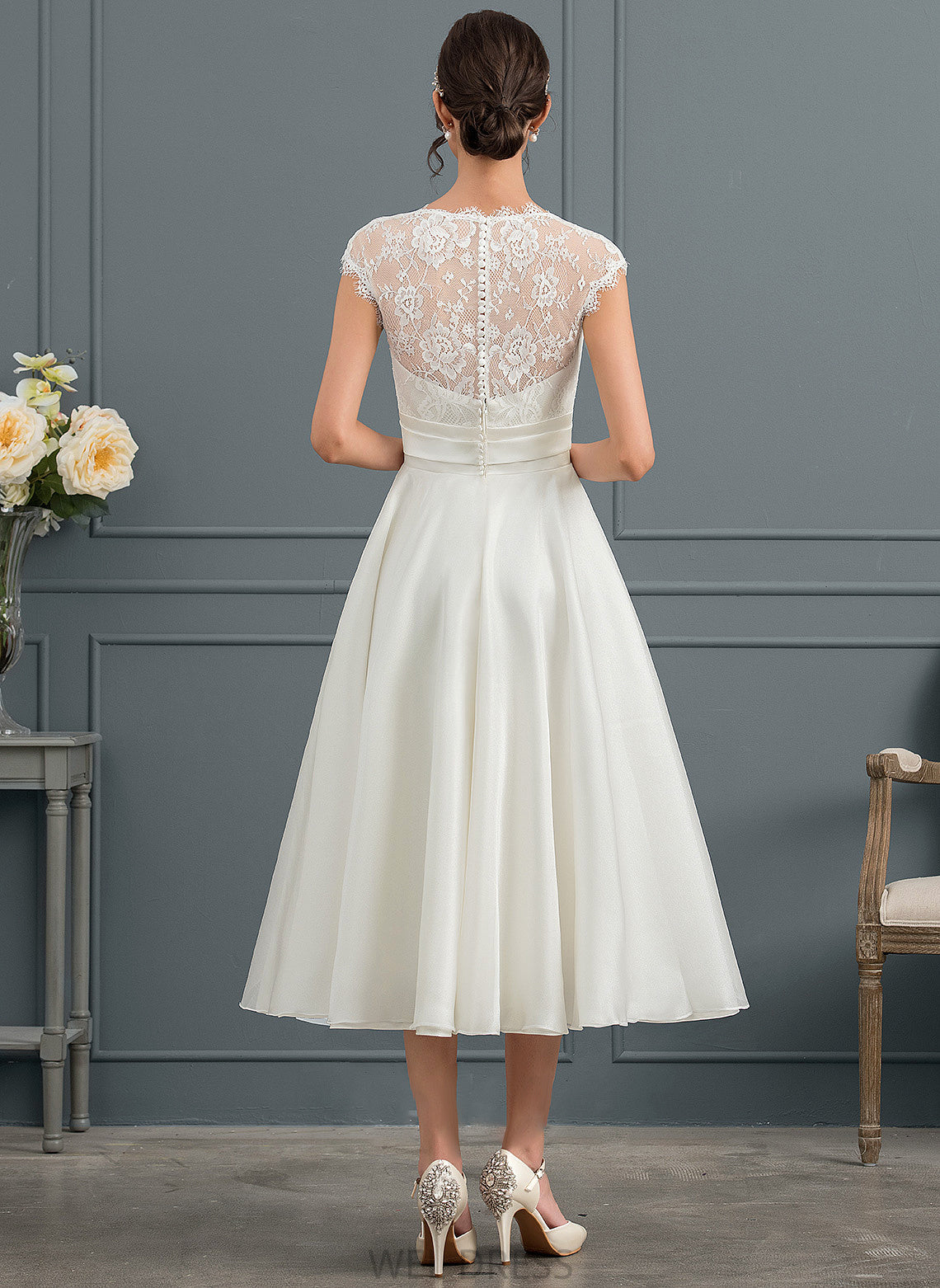Bow(s) Dress Tea-Length Wedding Dresses Satin Alyvia V-neck With Wedding A-Line