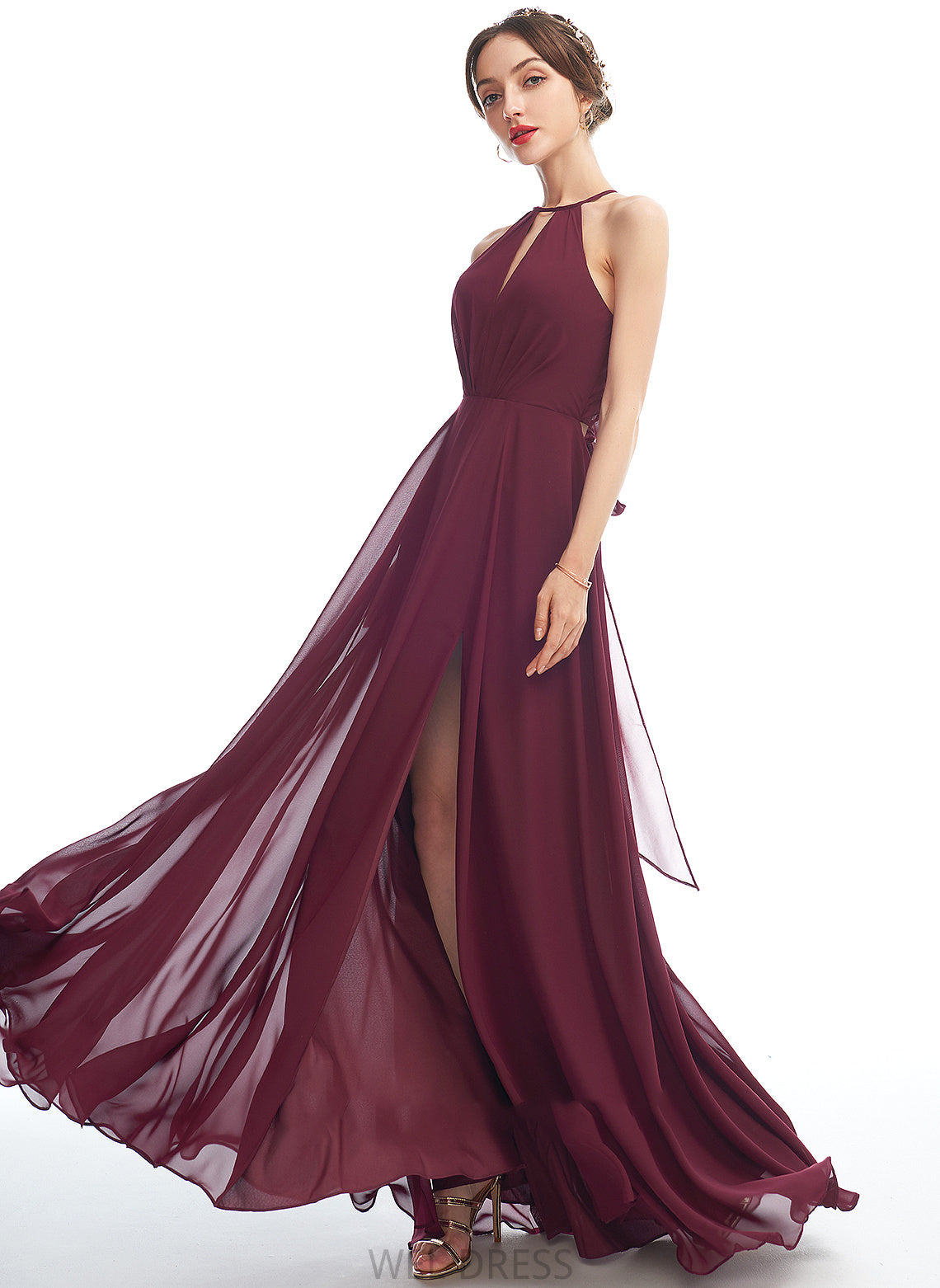 Floor-Length SplitFront Embellishment Neckline Length Silhouette Halter A-Line Fabric Giovanna Sleeveless Natural Waist