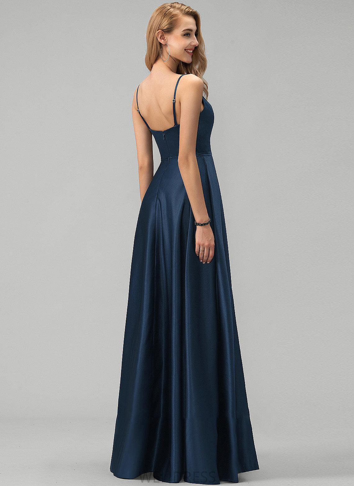 Front Split Satin Cascading Ruffles Prom Dresses A-Line Livia Floor-Length With V-neck