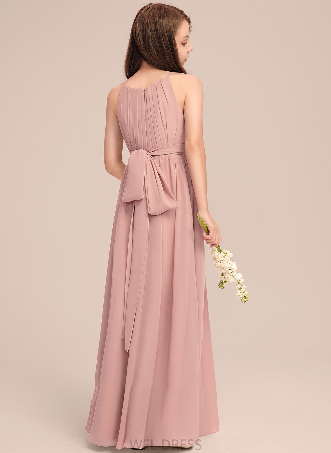 Junior Bridesmaid Dresses Bow(s) Neck A-Line Lacey Floor-Length With Chiffon Scoop Ruffle