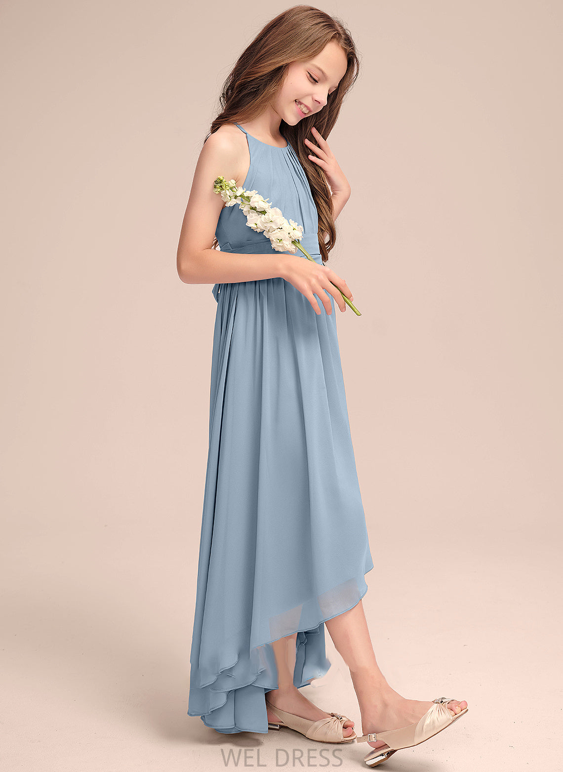 Ruffle Chiffon Bow(s) A-Line Junior Bridesmaid Dresses Neck Asymmetrical Scoop Isabel With
