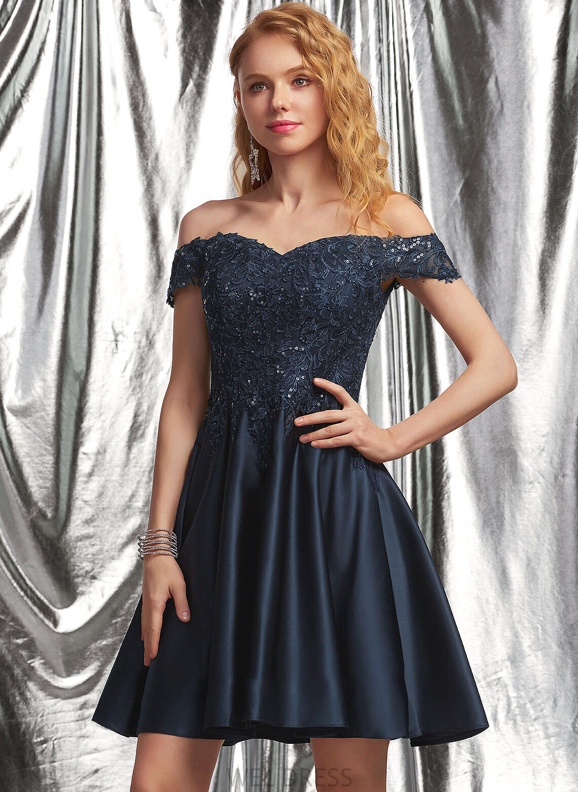 Lace Sequins Sarahi Prom Dresses With Off-the-Shoulder Short/Mini Satin A-Line