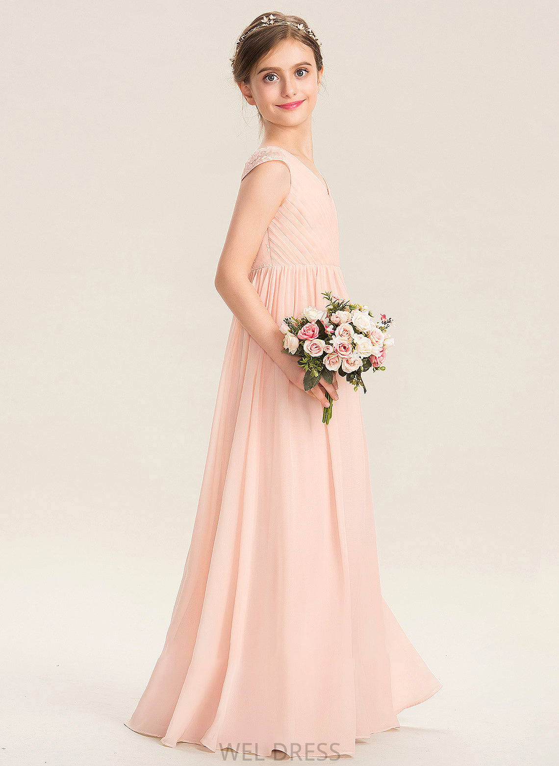 V-neck Junior Bridesmaid Dresses With Lace Chiffon Jennifer A-Line Ruffle Floor-Length