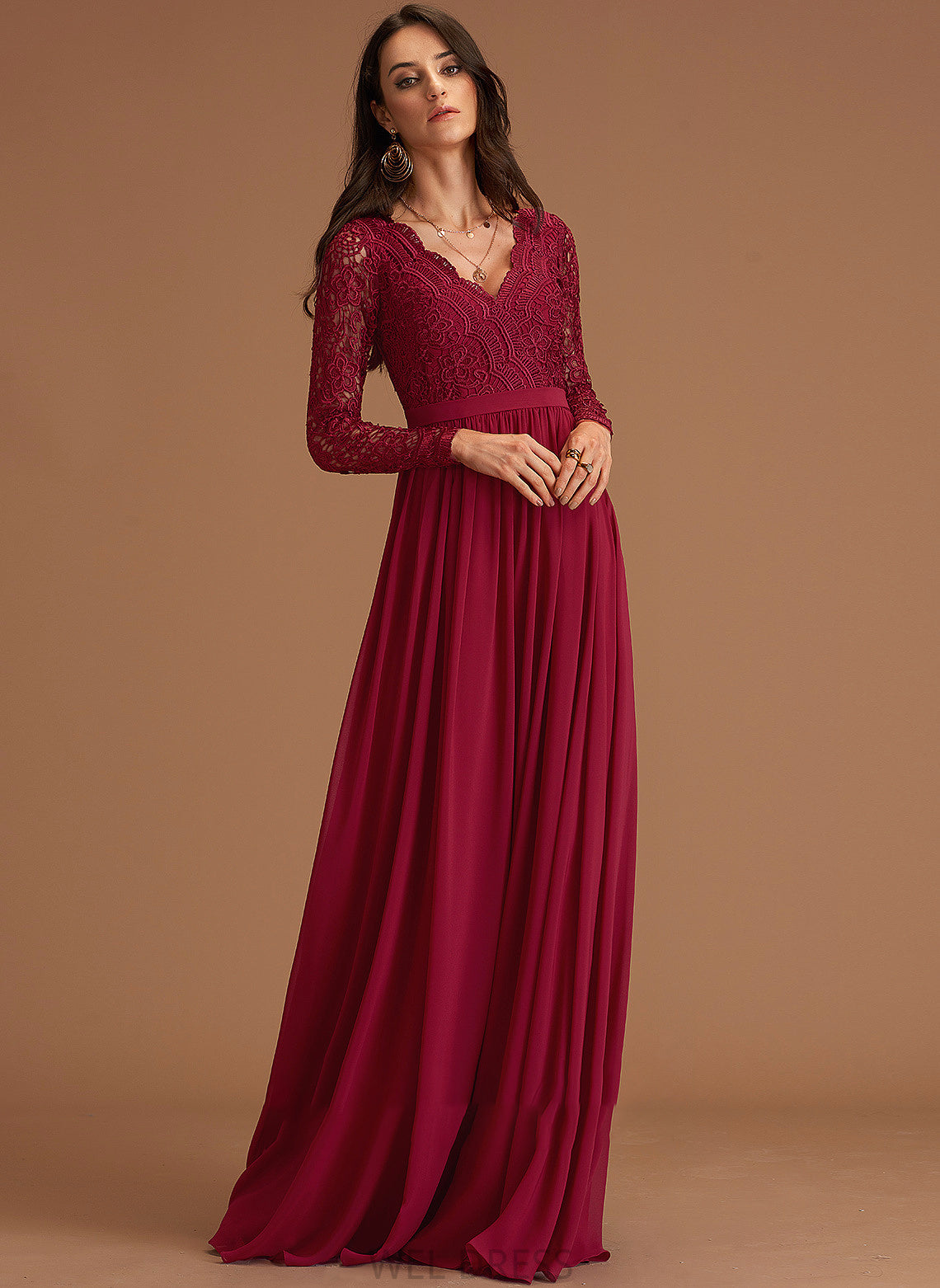 Alanna Floor-Length Chiffon A-Line Prom Dresses V-neck Lace With
