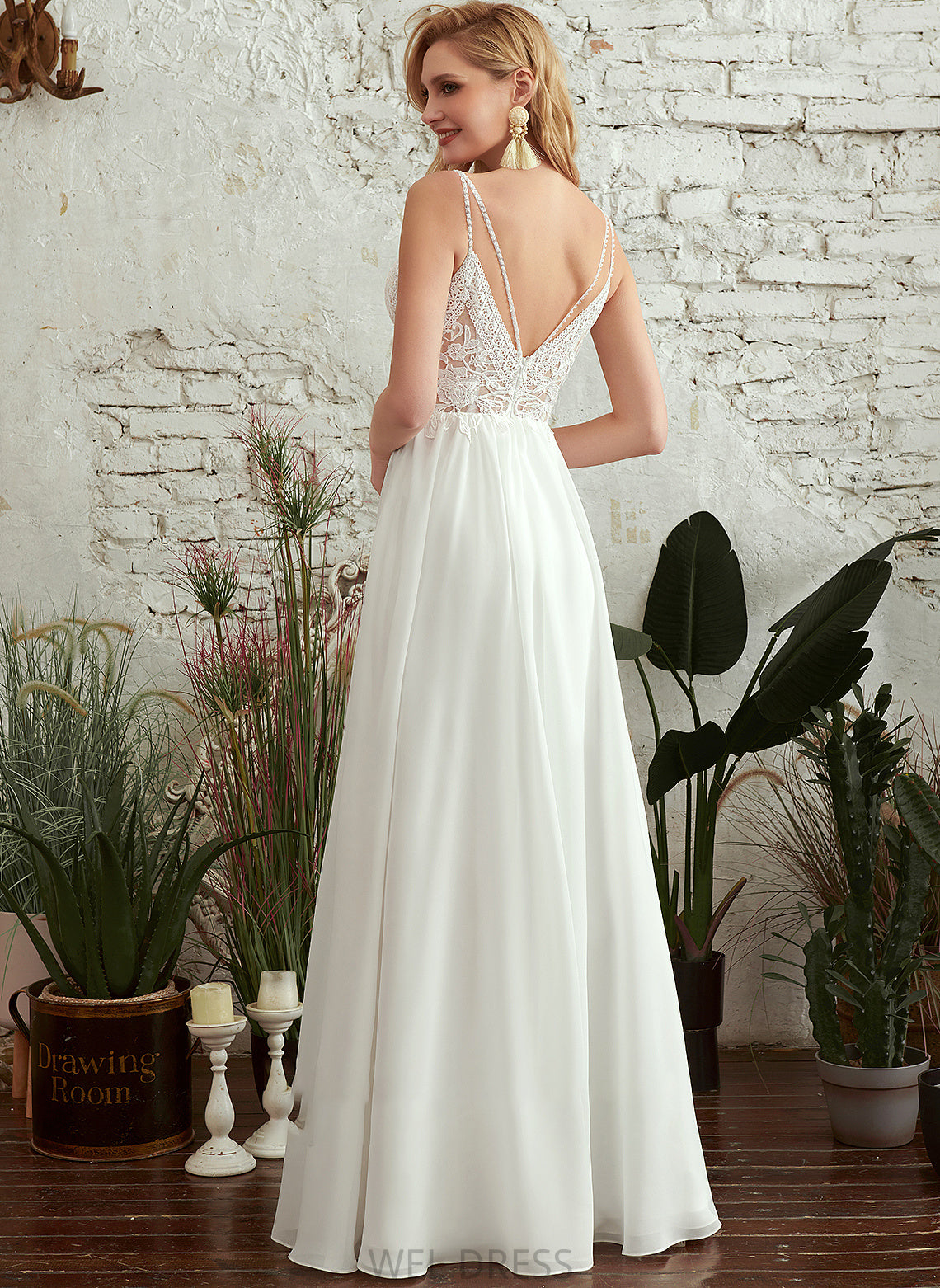 With A-Line Dress Split V-neck Wedding Beading Edith Floor-Length Wedding Dresses Front