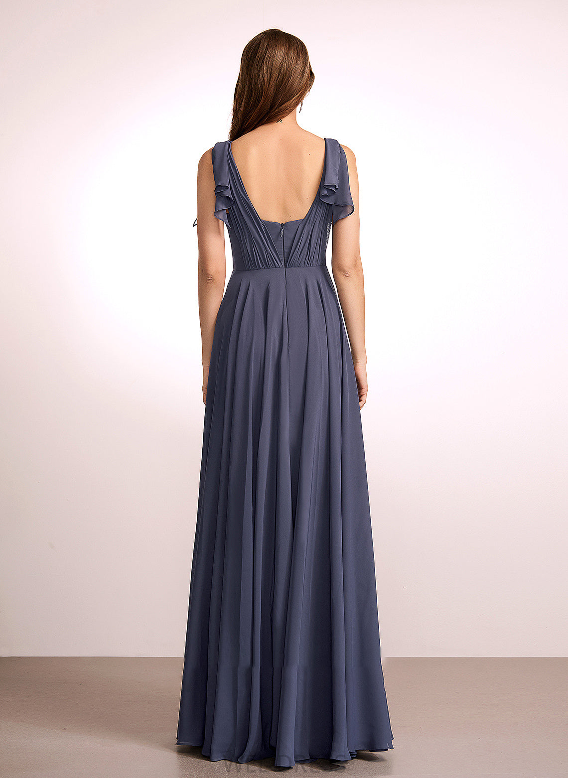 Floor-Length Ruffle Fabric Length Silhouette A-Line Neckline V-neck Embellishment Karen Sleeveless A-Line/Princess