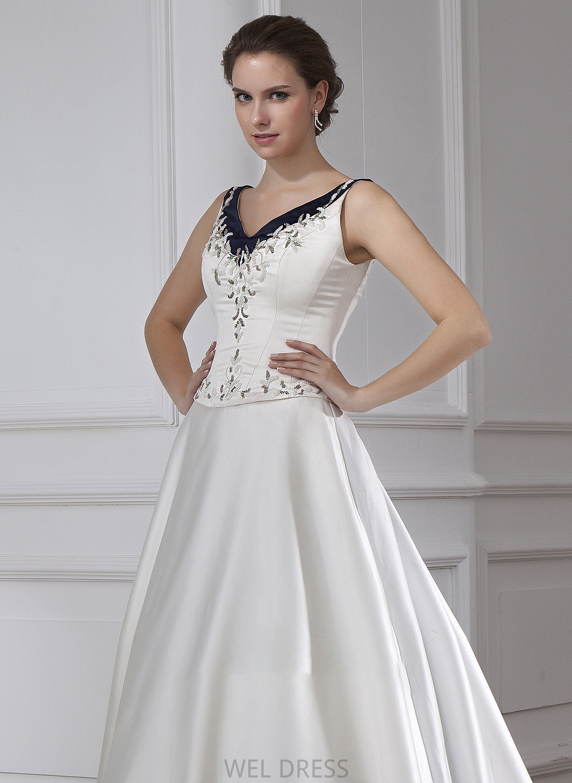 Wedding Dresses Sequins Chapel Mercedes Satin V-neck Wedding Dress Ball-Gown/Princess Embroidered Beading With Train