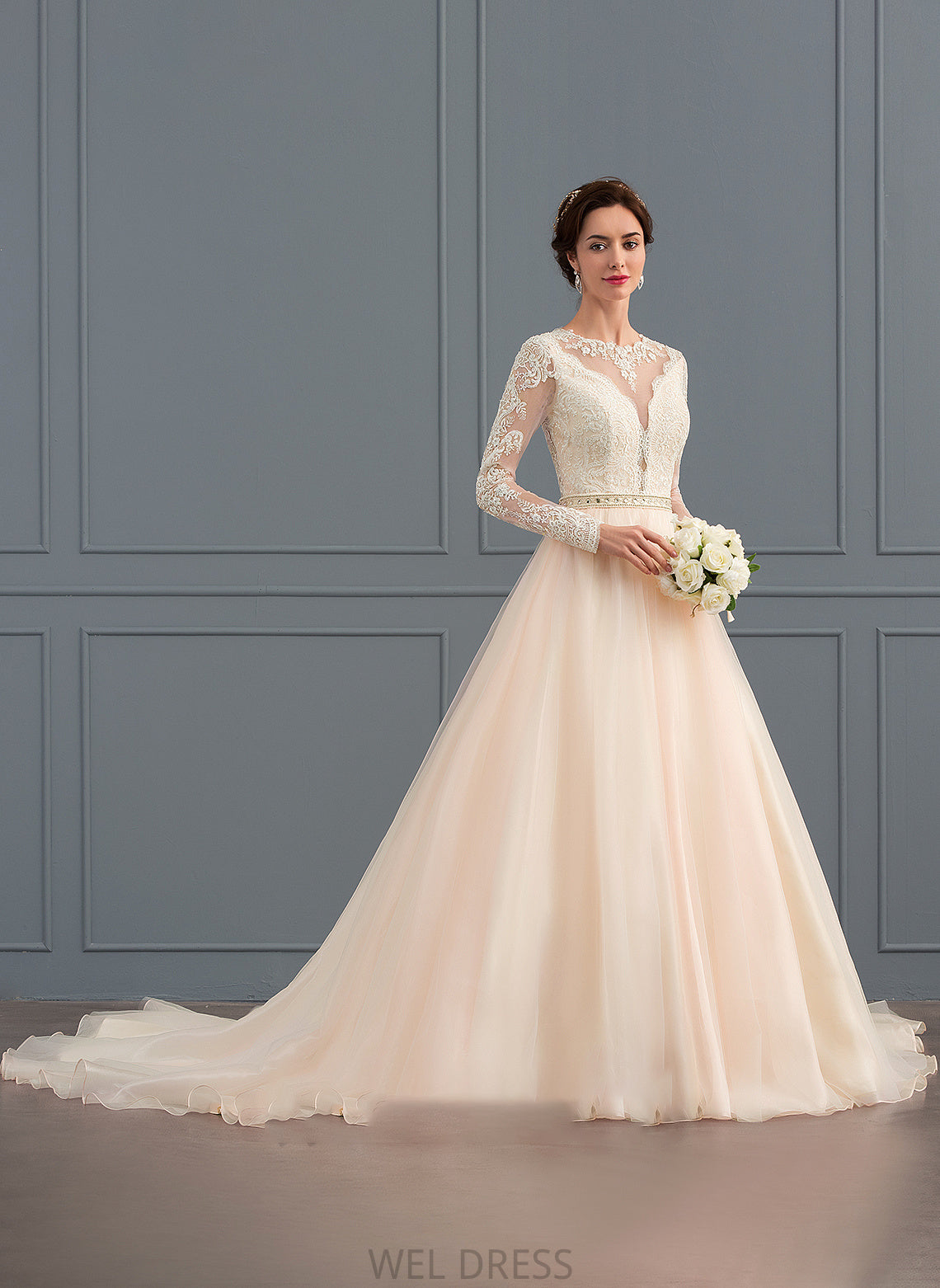 Tulle Wedding Scoop Beading Sahna Ball-Gown/Princess Neck Wedding Dresses Chapel With Dress Train