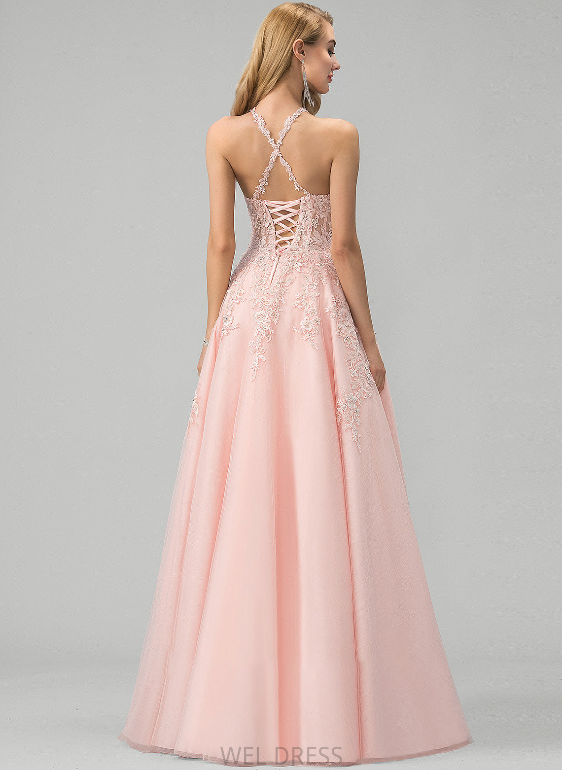 Prom Dresses Ball-Gown/Princess Lace Neck Beading Tulle With Scoop Yasmine Sequins Floor-Length