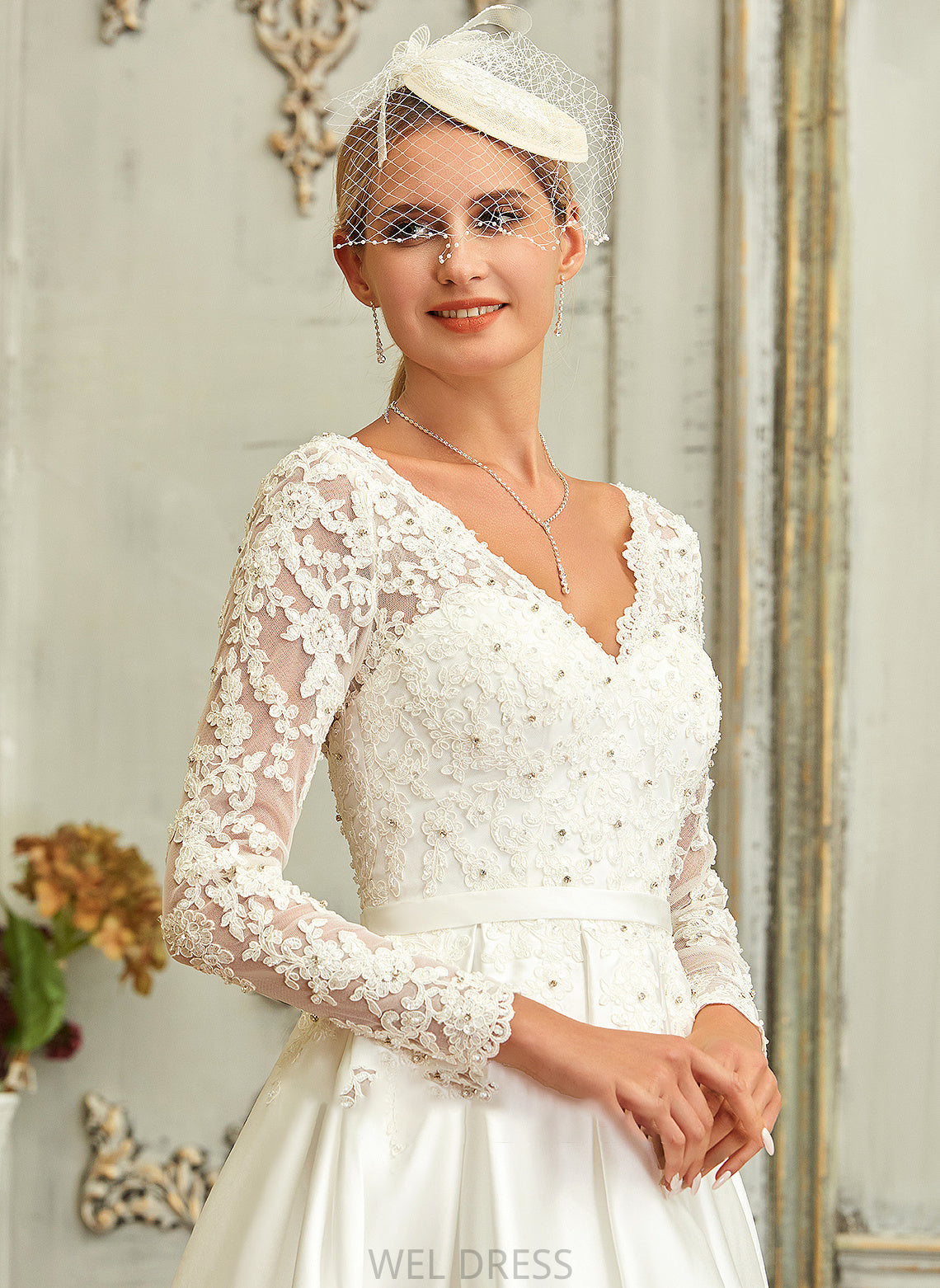 Wedding A-Line Satin Wedding Dresses Asymmetrical V-neck Dress Lace Kaylyn